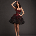 Sheer Boned Corset Mini Dress – Red Beaded Crystal Drip Bodice with Black Tulle Skirt