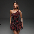 One-Shoulder Jeweled Fringe Mini Dress – Black & Red Crystal Flame Embellished Corset Dress