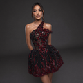 One-Shoulder Jeweled Flame Mini Dress – Sheer Corset Bodice with Black & Red Crystal Embellishment