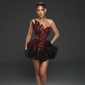 Strapless Sheer Corset Mini Dress – Red Crystal Flame Wings with Voluminous Black Tulle Skirt
