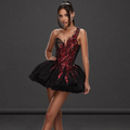 One-Shoulder Sheer Corset Mini Dress – Red Crystal Flame Applique with Layered Black Tulle Skirt