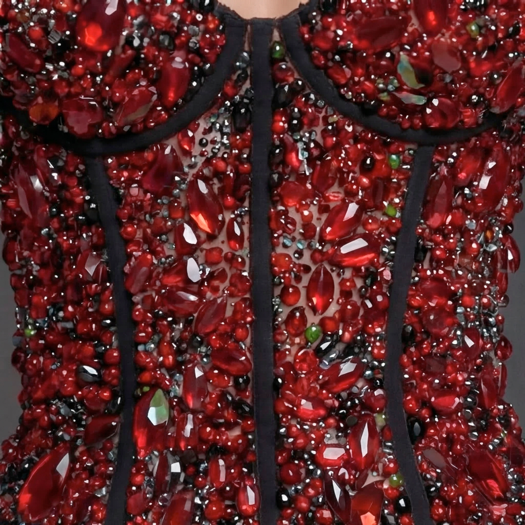 Red Crystal Embellished Corset Minidress - Luxury Sequin Strapless Cocktail Dress