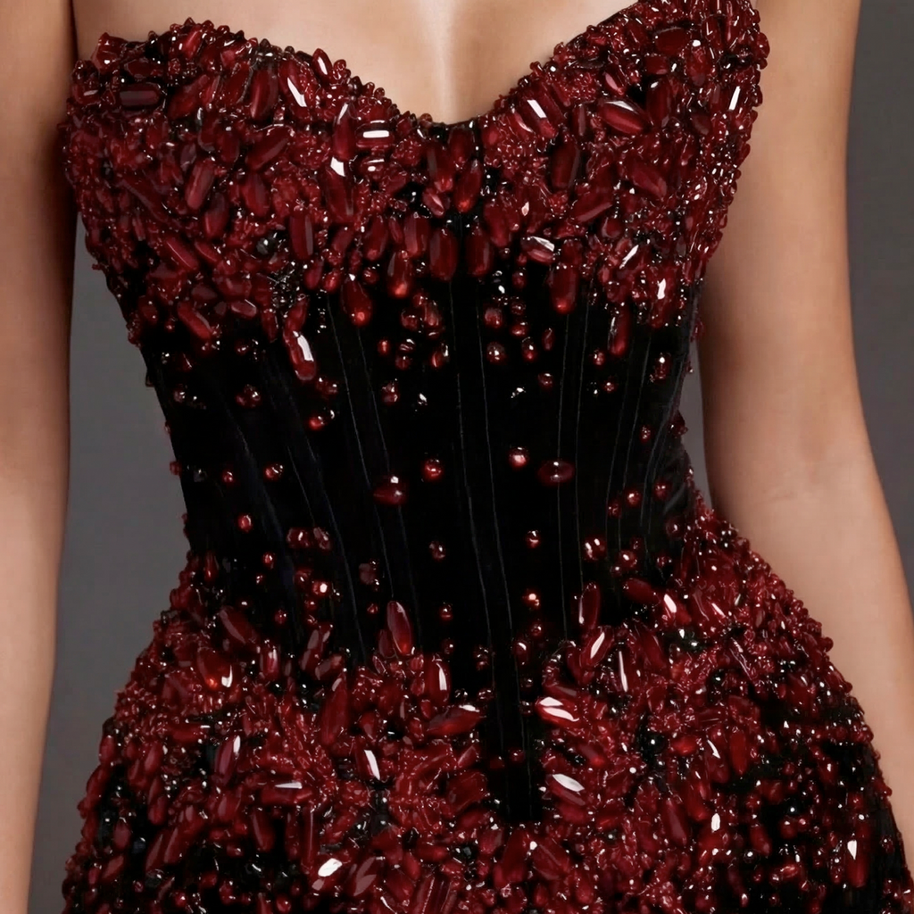 Burgundy Beaded Velvet Corset Mini Dress – Strapless Sweetheart Neckline Cocktail Dress
