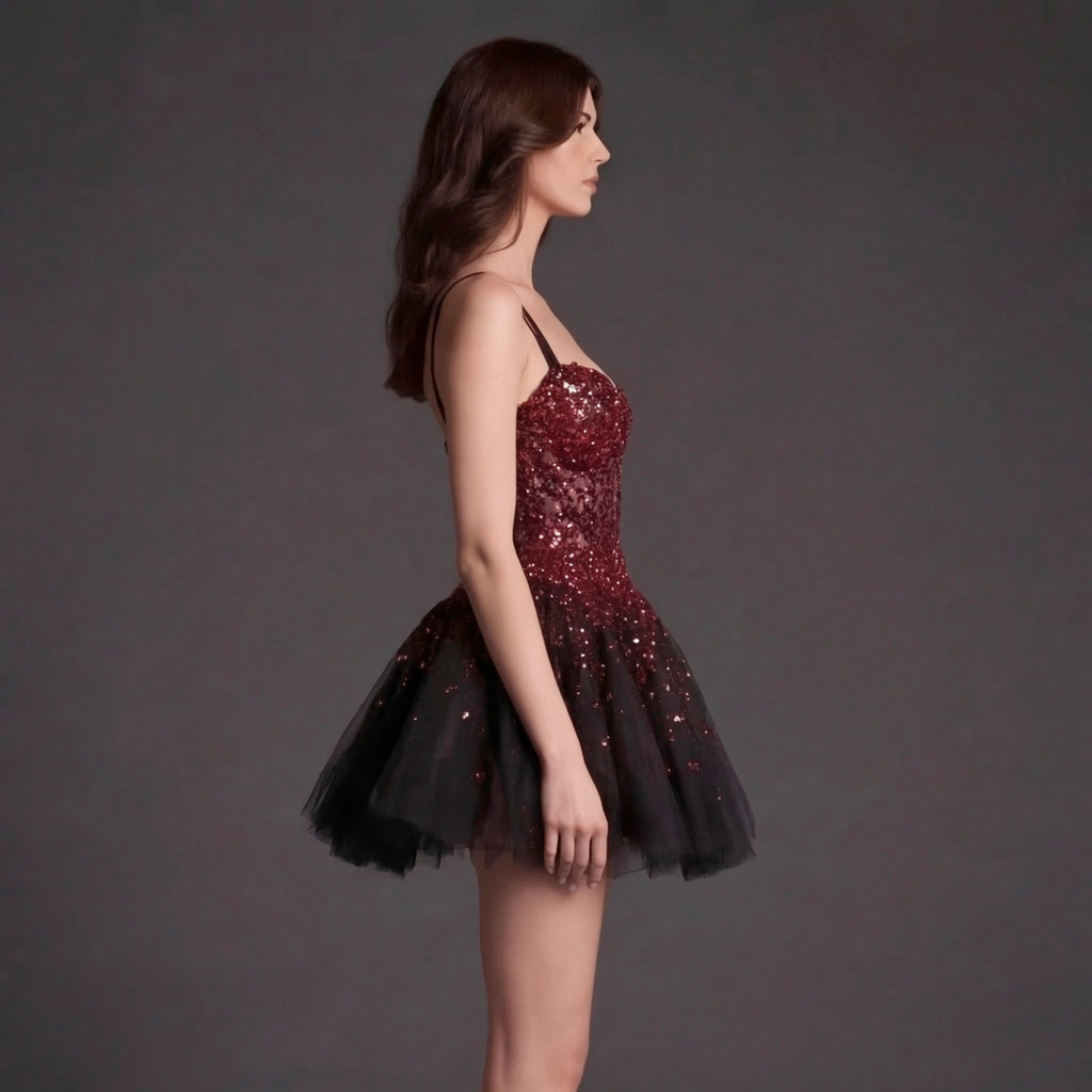 Sheer Beaded Corset Babydoll Dress – Burgundy Sequin Bustier with Black Tulle Puff Skirt