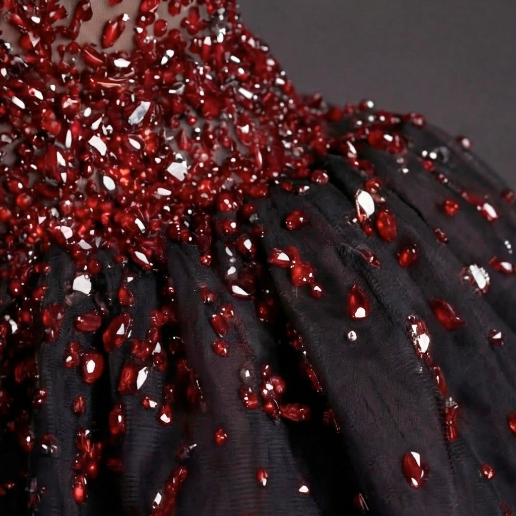 Sheer Beaded Corset Babydoll Dress – Burgundy Sequin Bustier with Black Tulle Puff Skirt