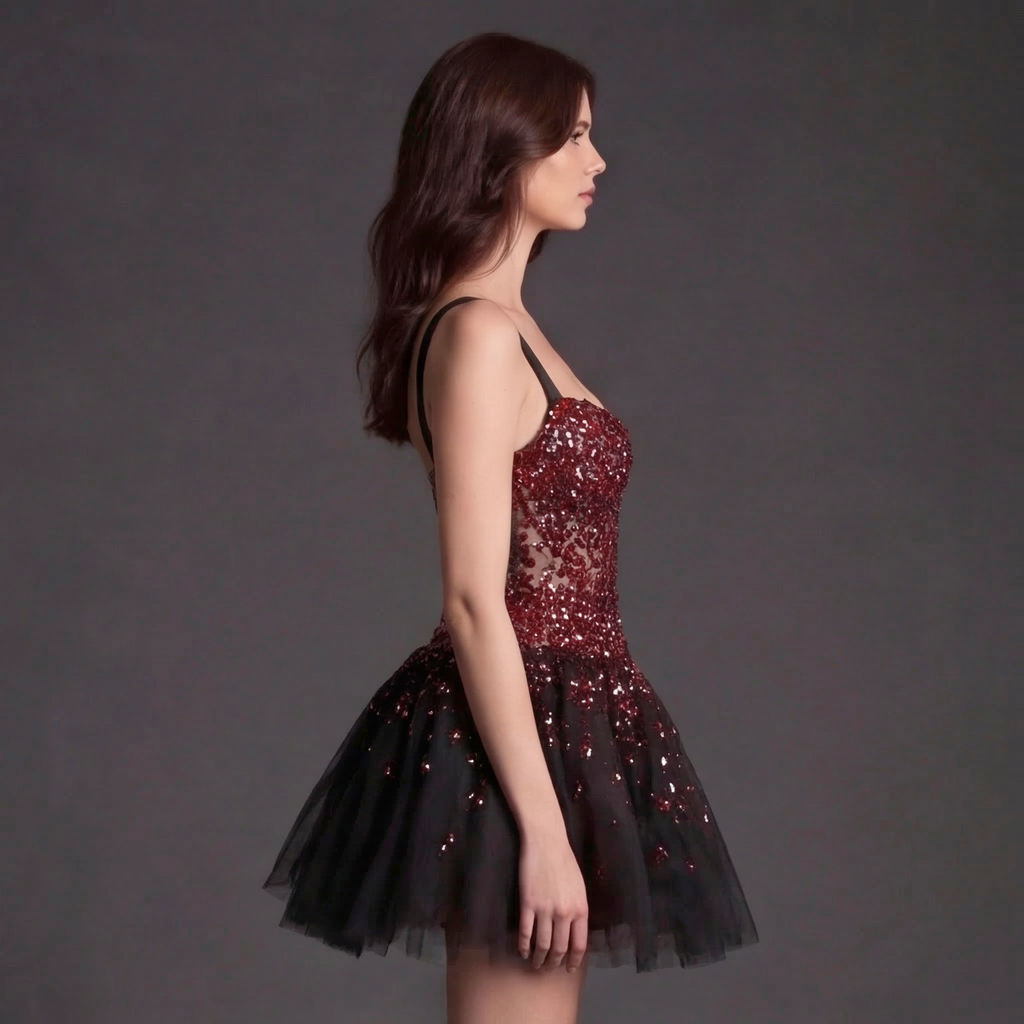 Sheer Beaded Corset Babydoll Dress – Burgundy Sequin Bustier with Black Tulle Puff Skirt