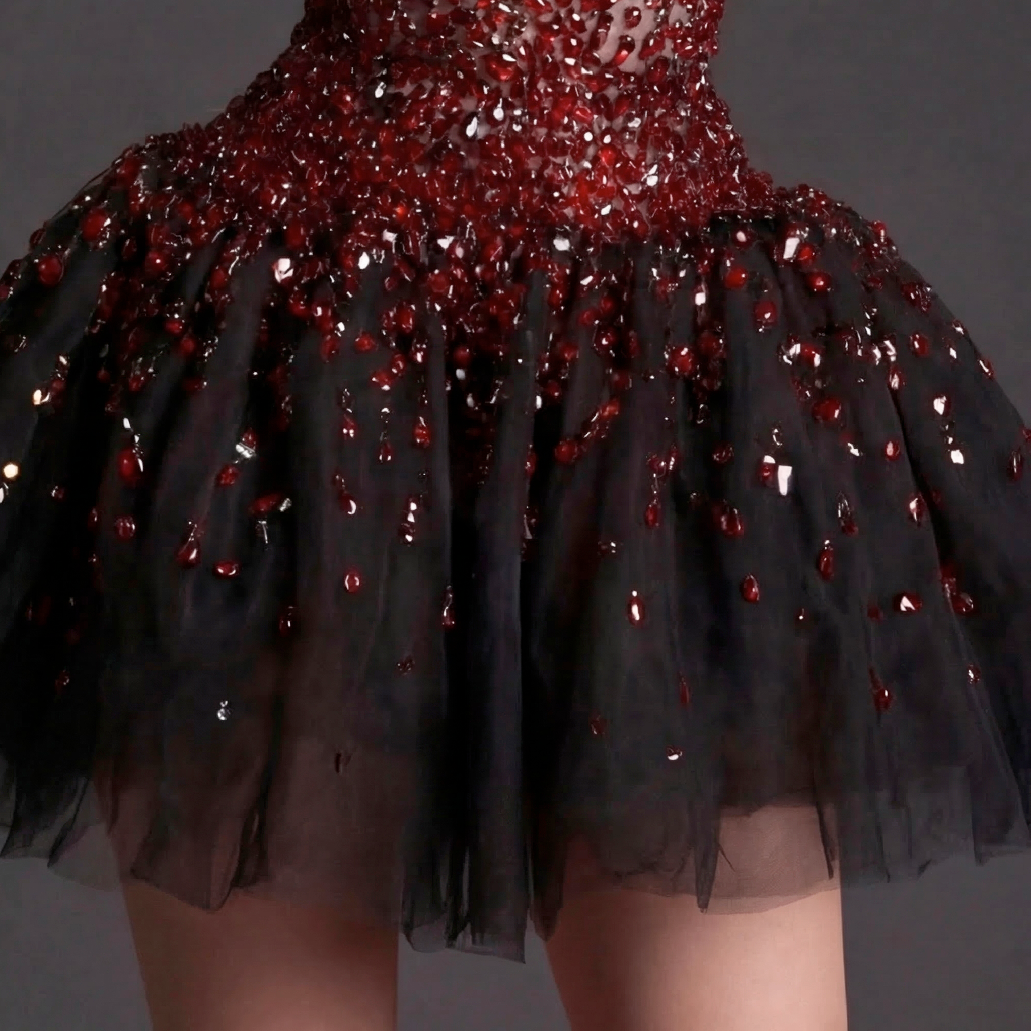 Sheer Beaded Corset Babydoll Dress – Burgundy Sequin Bustier with Black Tulle Puff Skirt