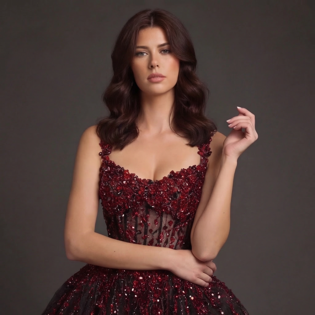 Sheer Boned Corset Mini Dress – Red Beaded Crystal Drip Bodice with Black Tulle Skirt
