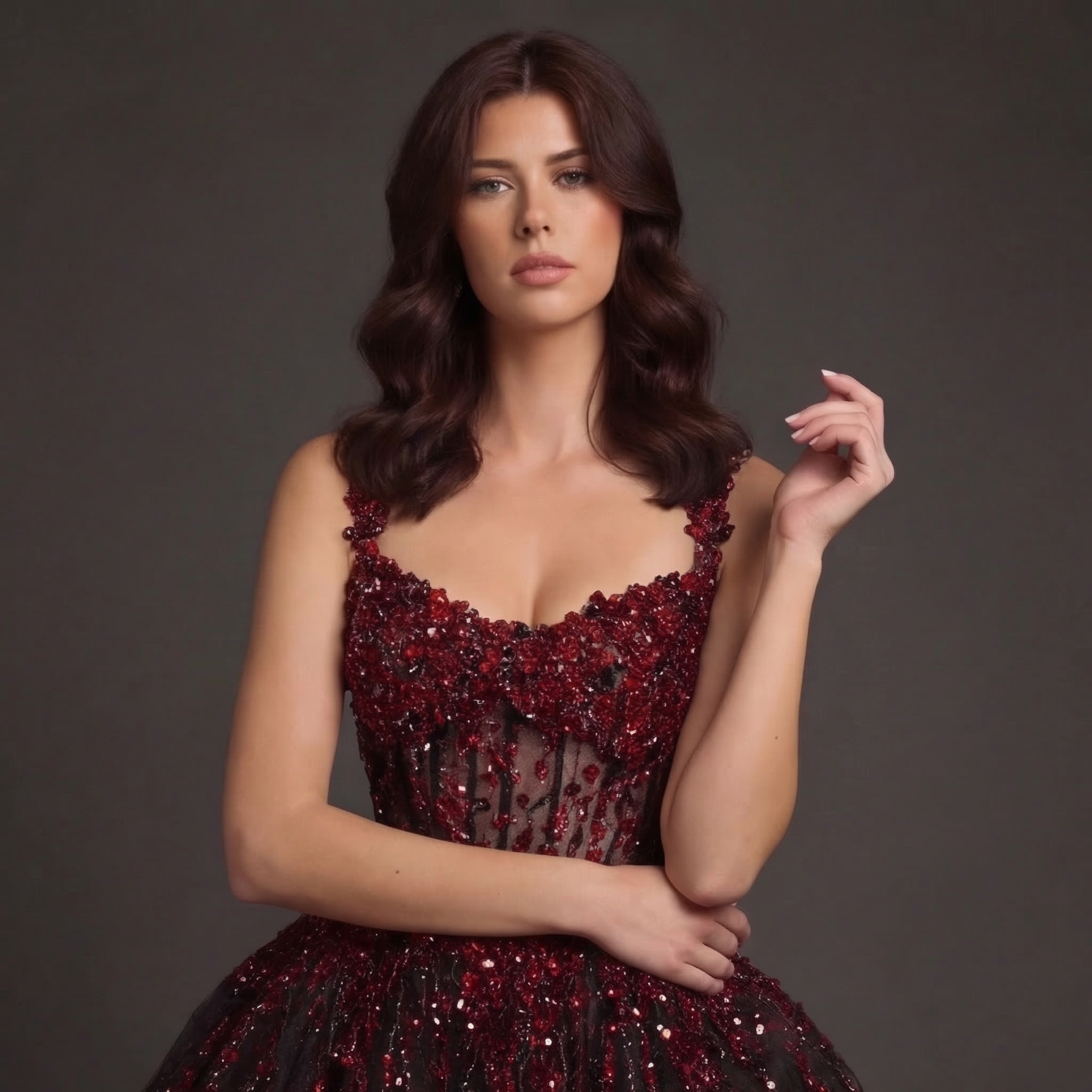 Sheer Boned Corset Mini Dress – Red Beaded Crystal Drip Bodice with Black Tulle Skirt