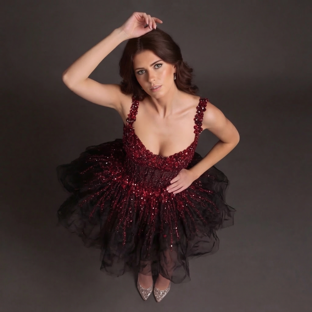 Sheer Boned Corset Mini Dress – Red Beaded Crystal Drip Bodice with Black Tulle Skirt