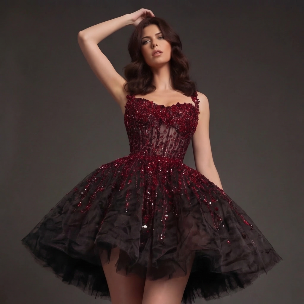 Sheer Boned Corset Mini Dress – Red Beaded Crystal Drip Bodice with Black Tulle Skirt
