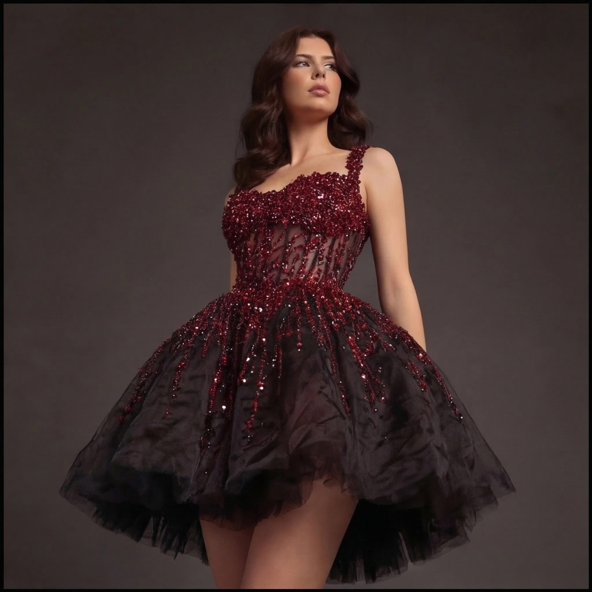 Sheer Boned Corset Mini Dress – Red Beaded Crystal Drip Bodice with Black Tulle Skirt