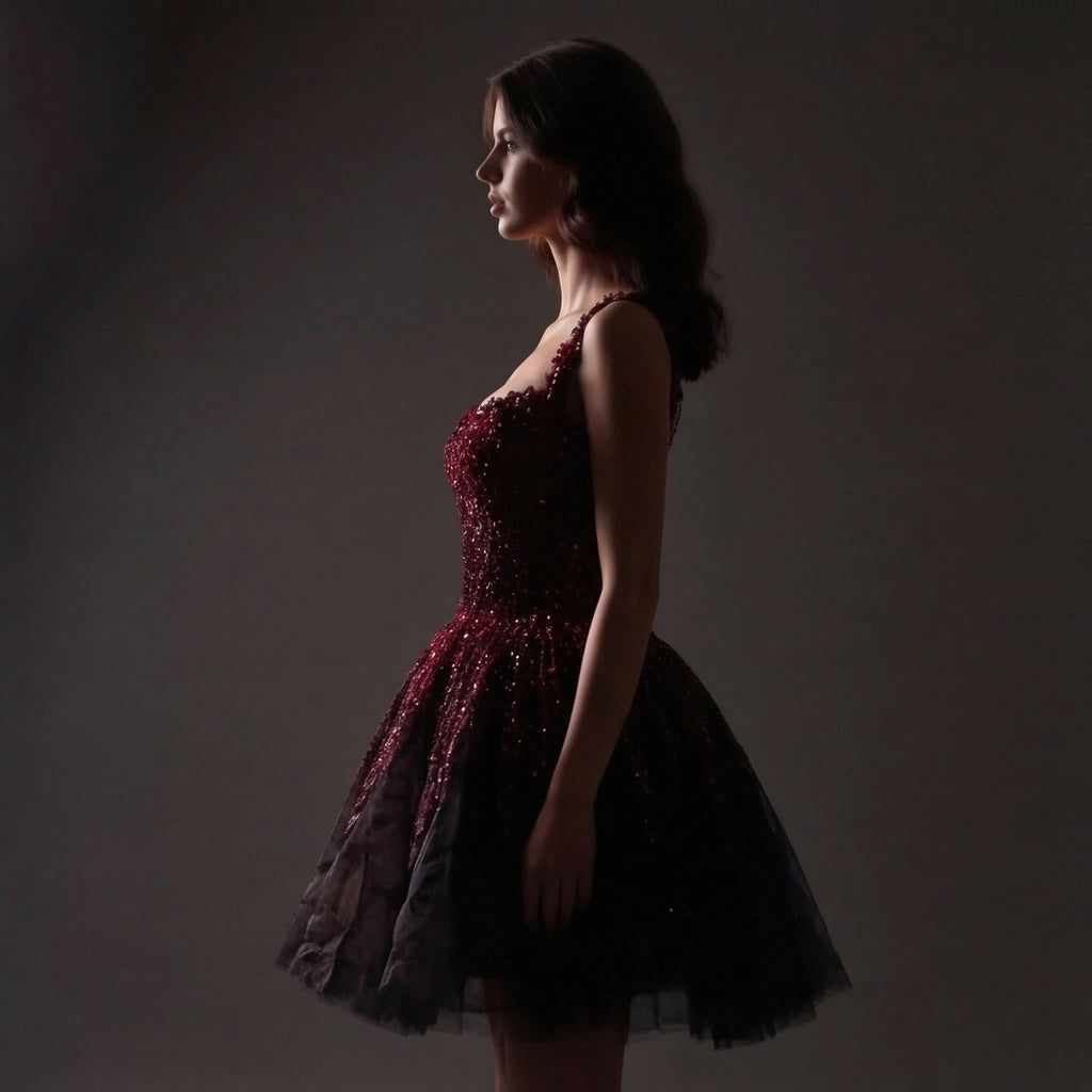 Sheer Boned Corset Mini Dress – Red Beaded Crystal Drip Bodice with Black Tulle Skirt