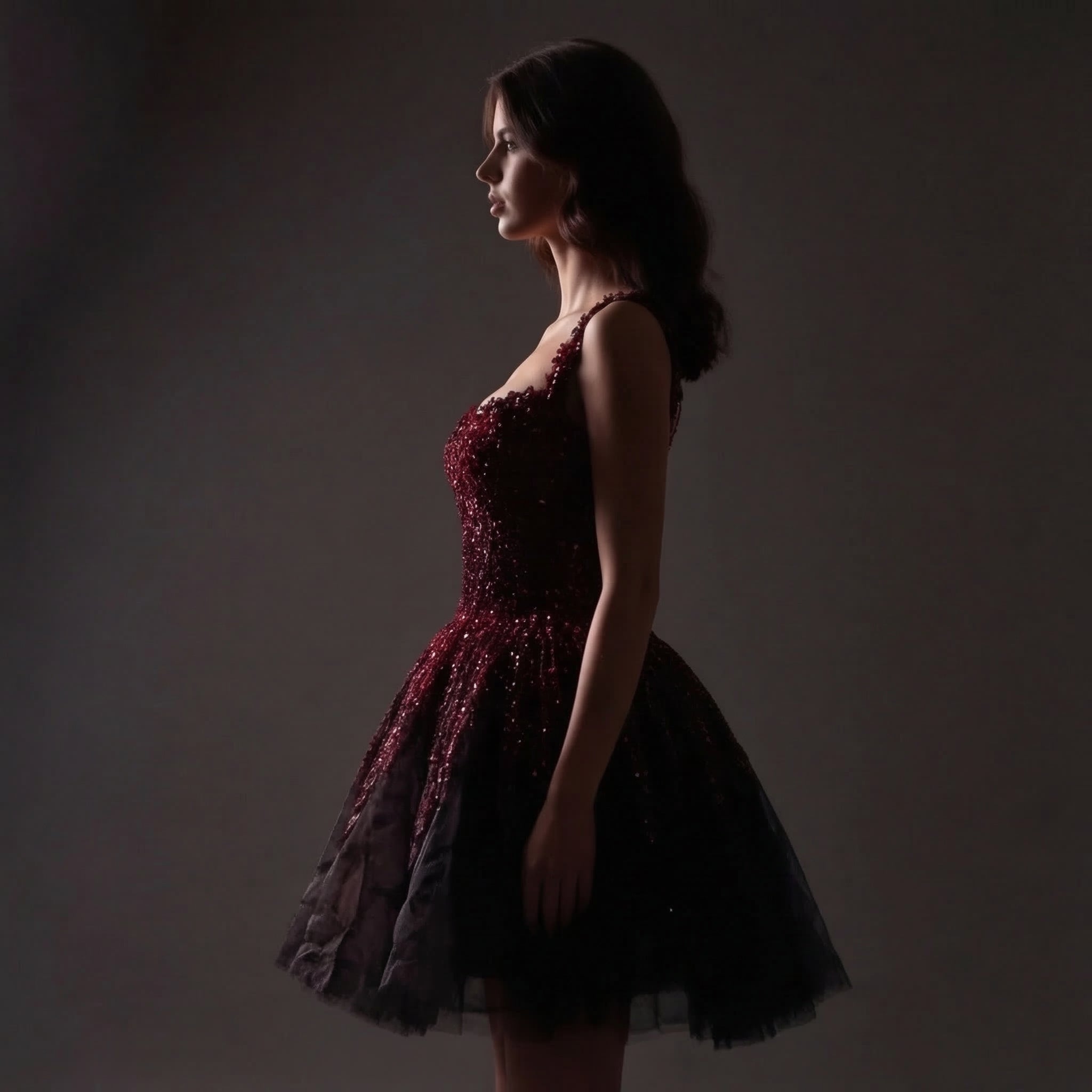 Sheer Boned Corset Mini Dress – Red Beaded Crystal Drip Bodice with Black Tulle Skirt