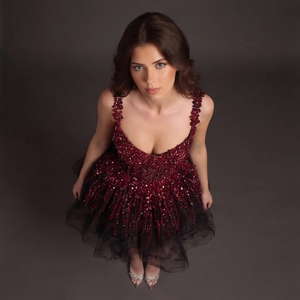 Sheer Boned Corset Mini Dress – Red Beaded Crystal Drip Bodice with Black Tulle Skirt