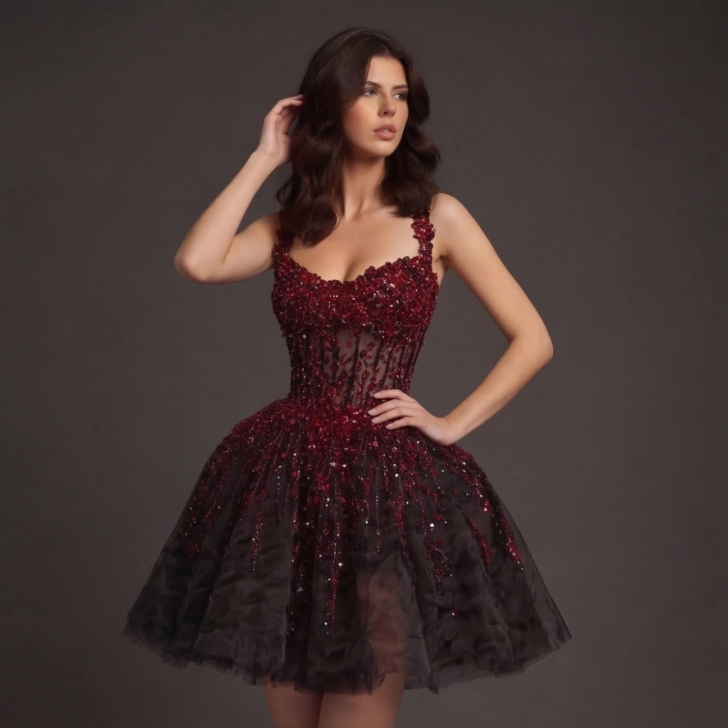 Sheer Boned Corset Mini Dress – Red Beaded Crystal Drip Bodice with Black Tulle Skirt