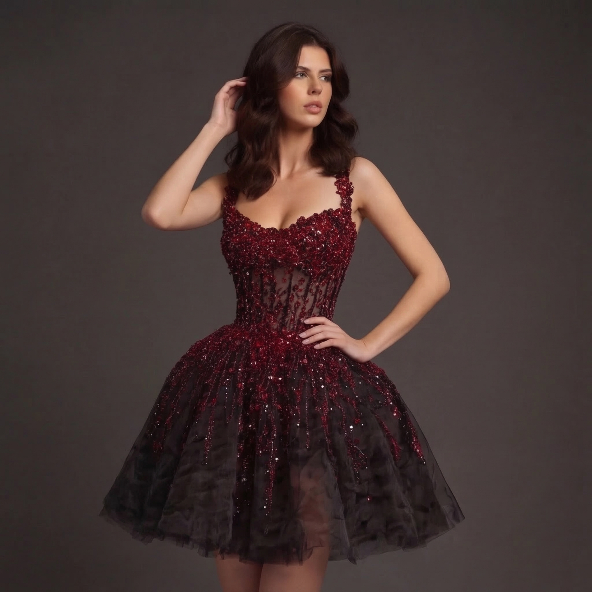 Sheer Boned Corset Mini Dress – Red Beaded Crystal Drip Bodice with Black Tulle Skirt