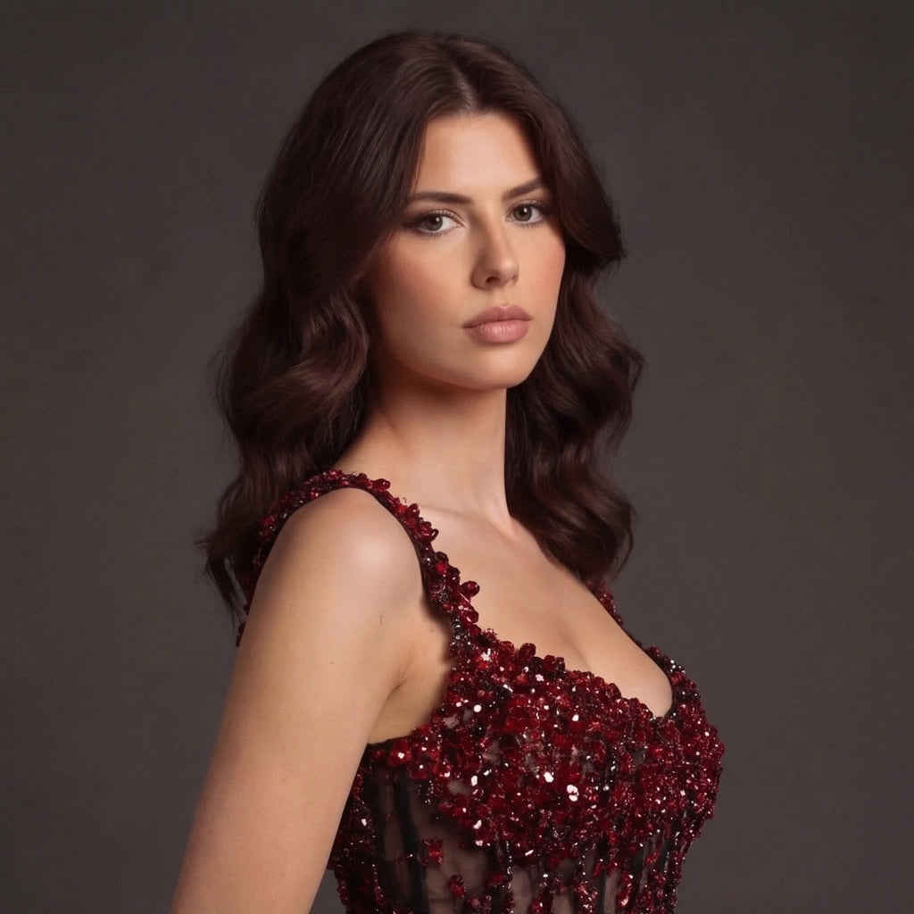 Sheer Boned Corset Mini Dress – Red Beaded Crystal Drip Bodice with Black Tulle Skirt