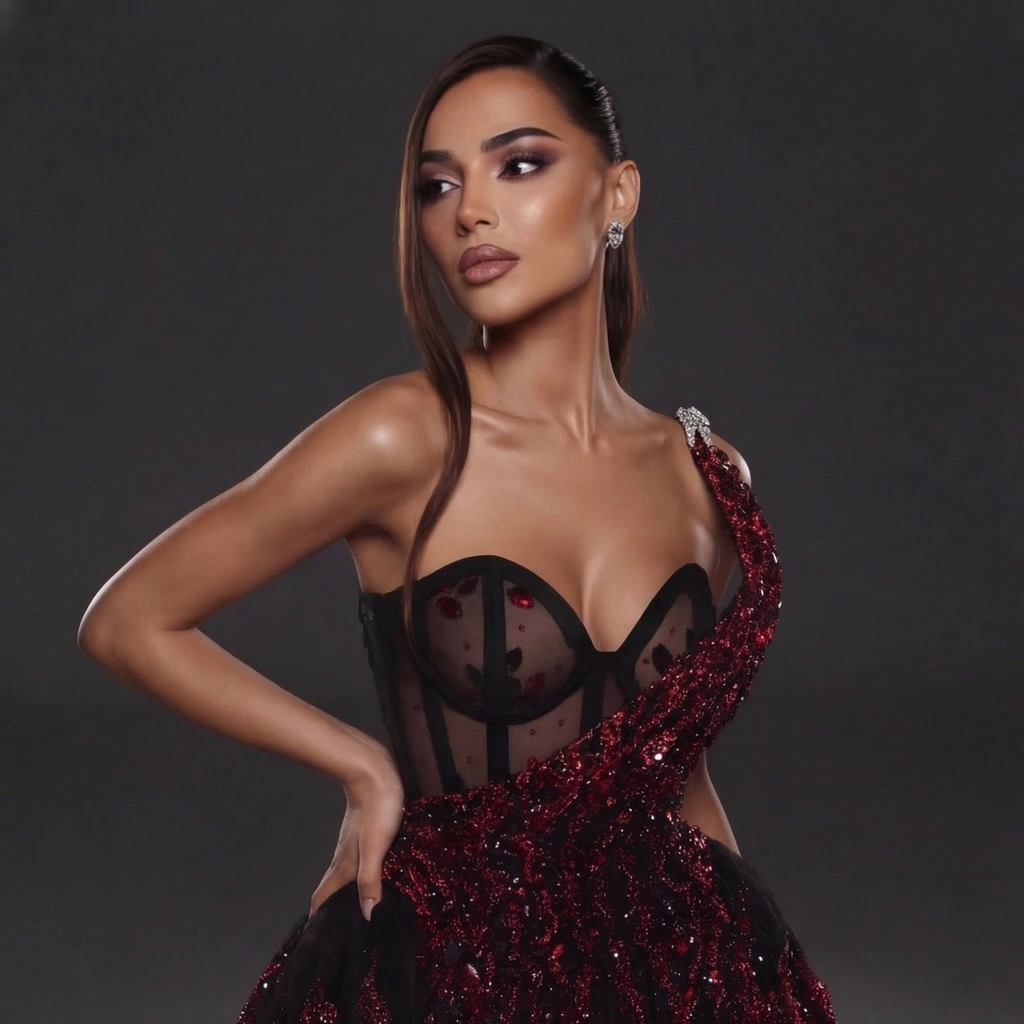 One-Shoulder Sheer Corset Mini Dress – Black & Red Sequin Flame Print with Crystal Strap Detail