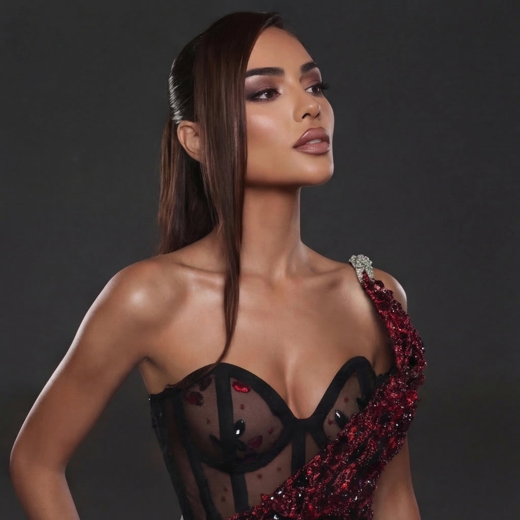 One-Shoulder Sheer Corset Mini Dress – Black & Red Sequin Flame Print with Crystal Strap Detail