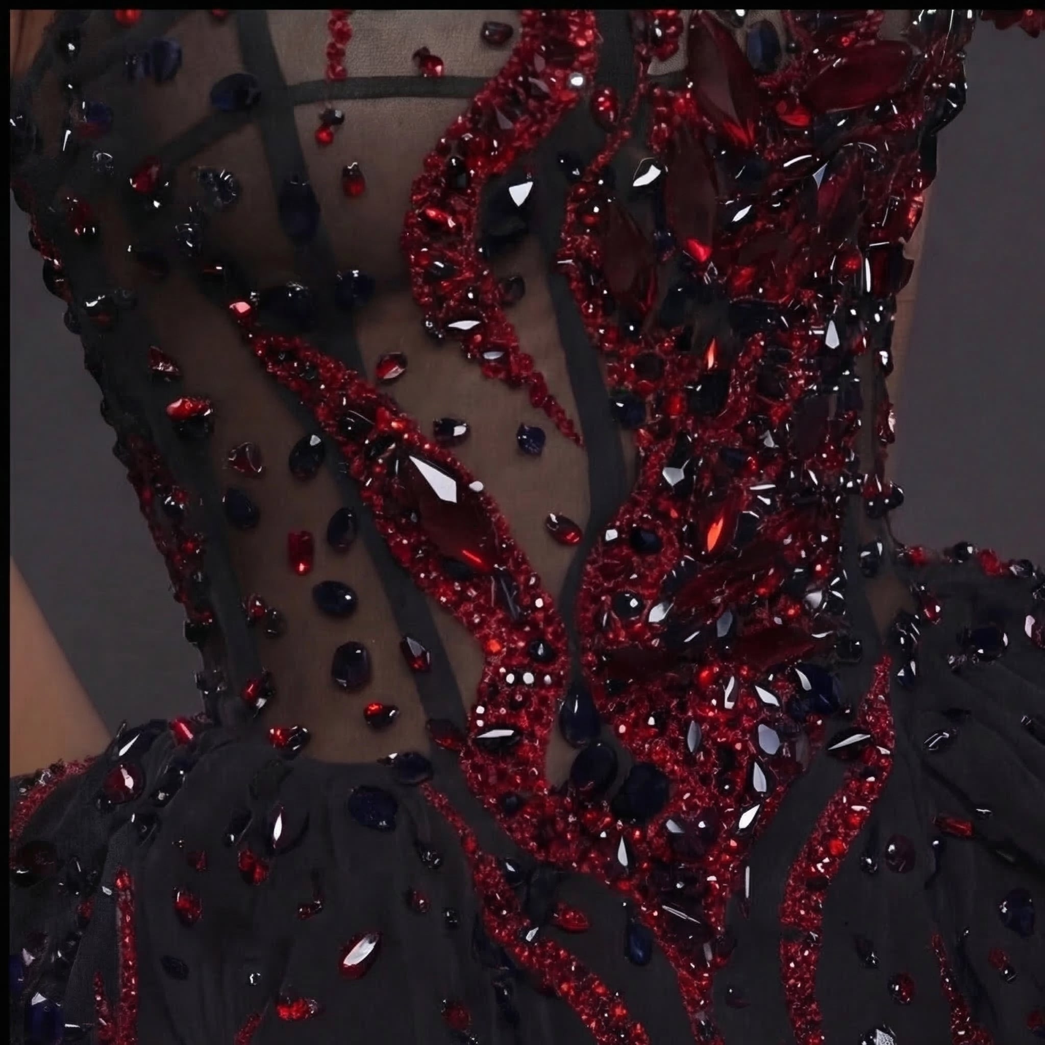 One-Shoulder Jeweled Flame Mini Dress – Sheer Corset Bodice with Black & Red Crystal Embellishment
