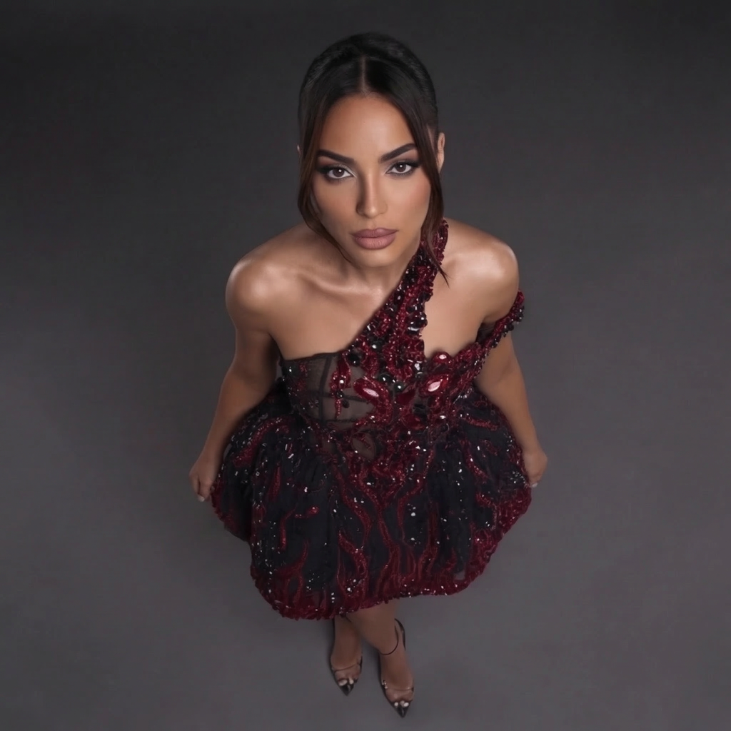 One-Shoulder Jeweled Flame Mini Dress – Sheer Corset Bodice with Black & Red Crystal Embellishment