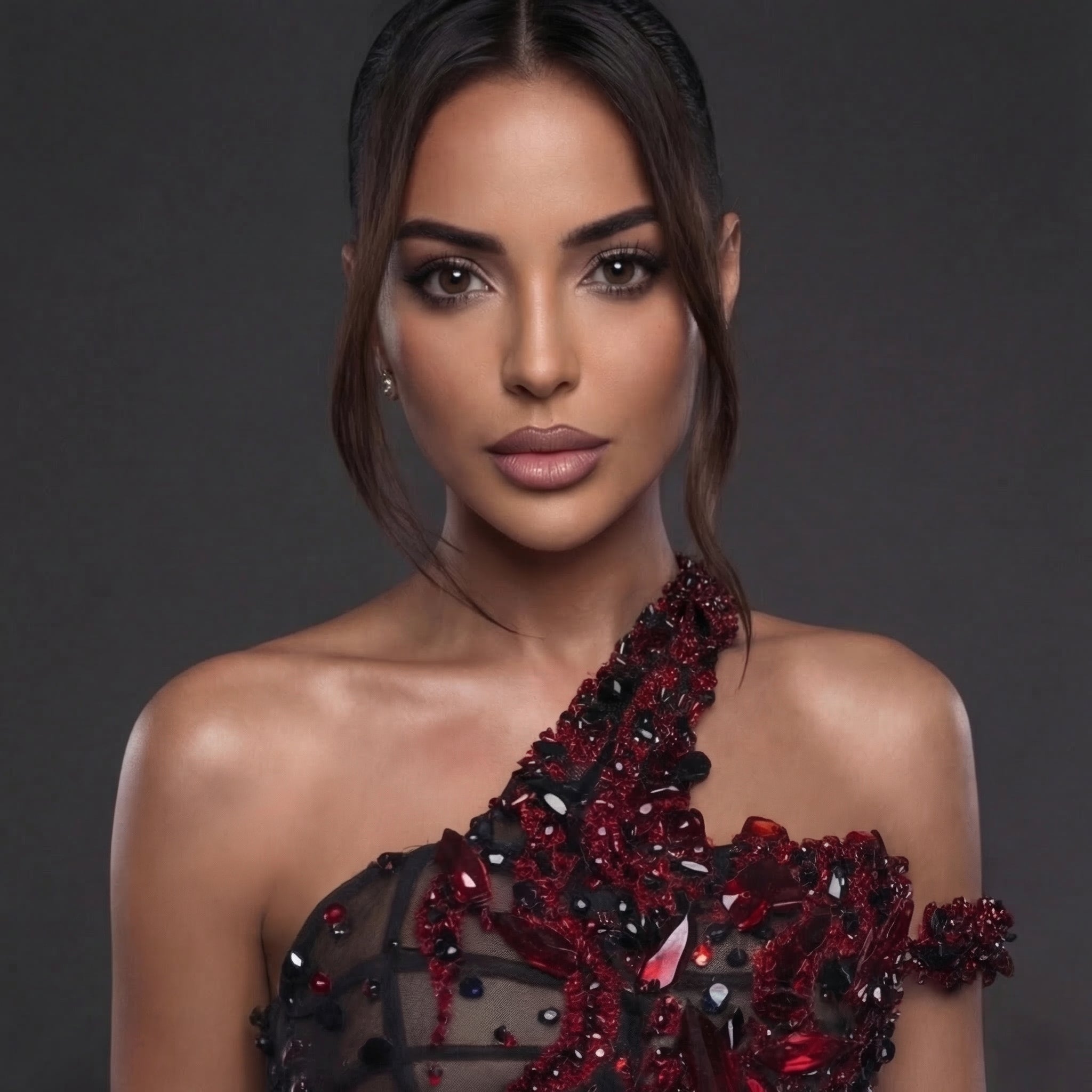 One-Shoulder Jeweled Flame Mini Dress – Sheer Corset Bodice with Black & Red Crystal Embellishment