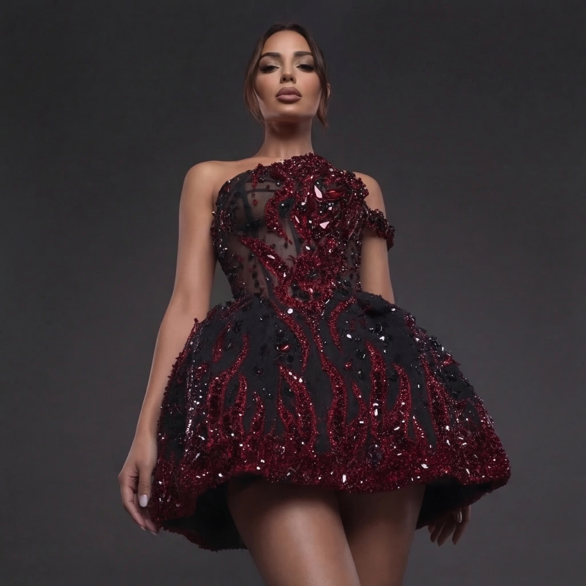 One-Shoulder Jeweled Flame Mini Dress – Sheer Corset Bodice with Black & Red Crystal Embellishment