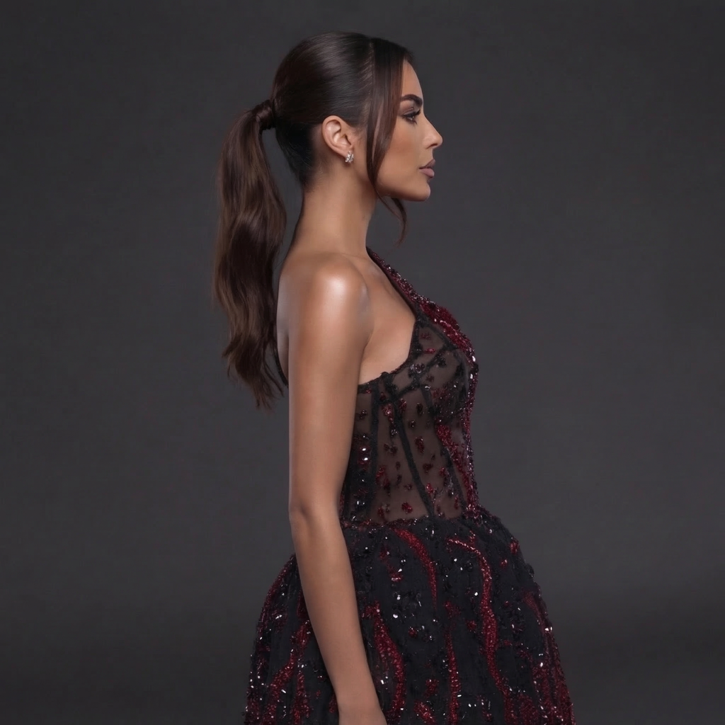 One-Shoulder Jeweled Flame Mini Dress – Sheer Corset Bodice with Black & Red Crystal Embellishment