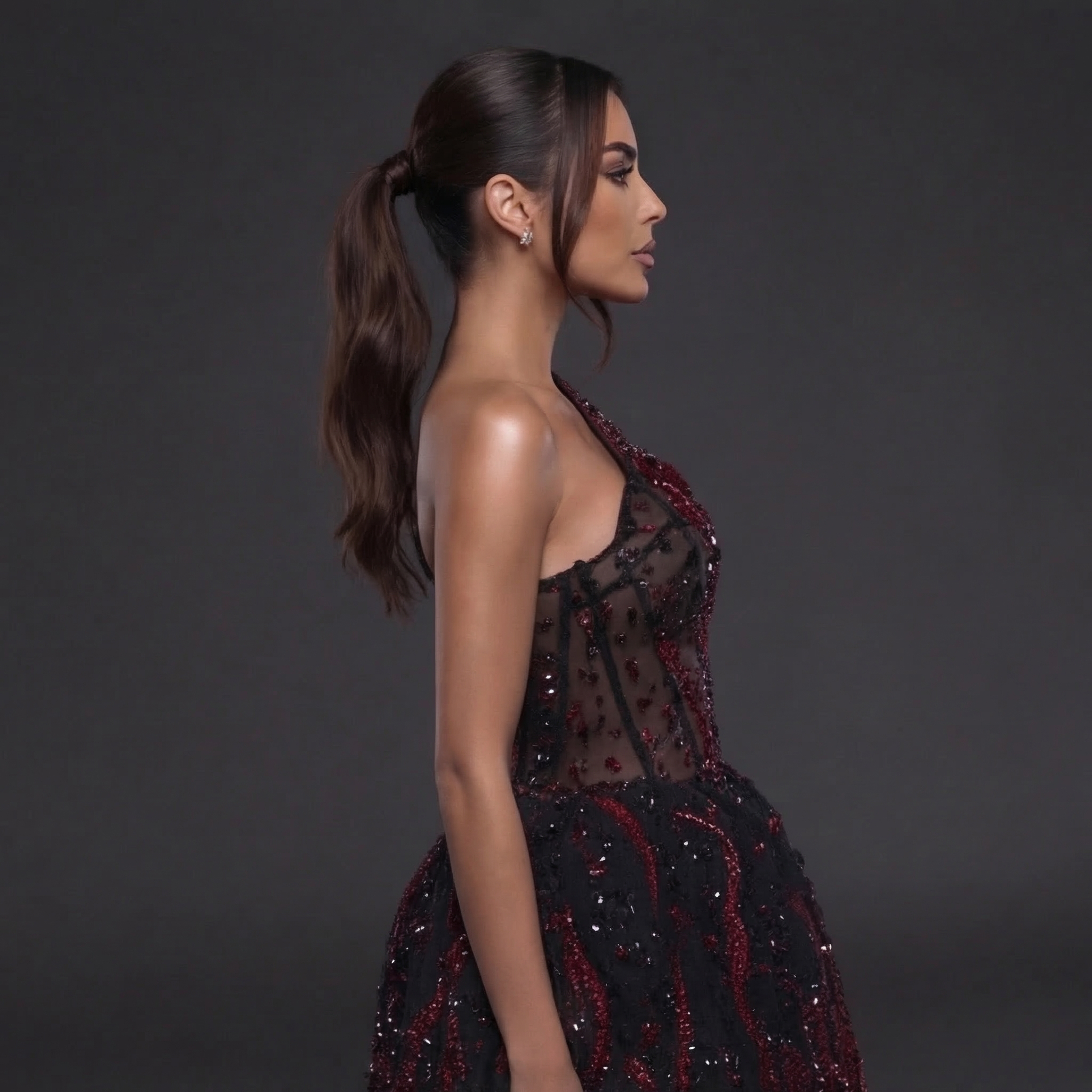 One-Shoulder Jeweled Flame Mini Dress – Sheer Corset Bodice with Black & Red Crystal Embellishment