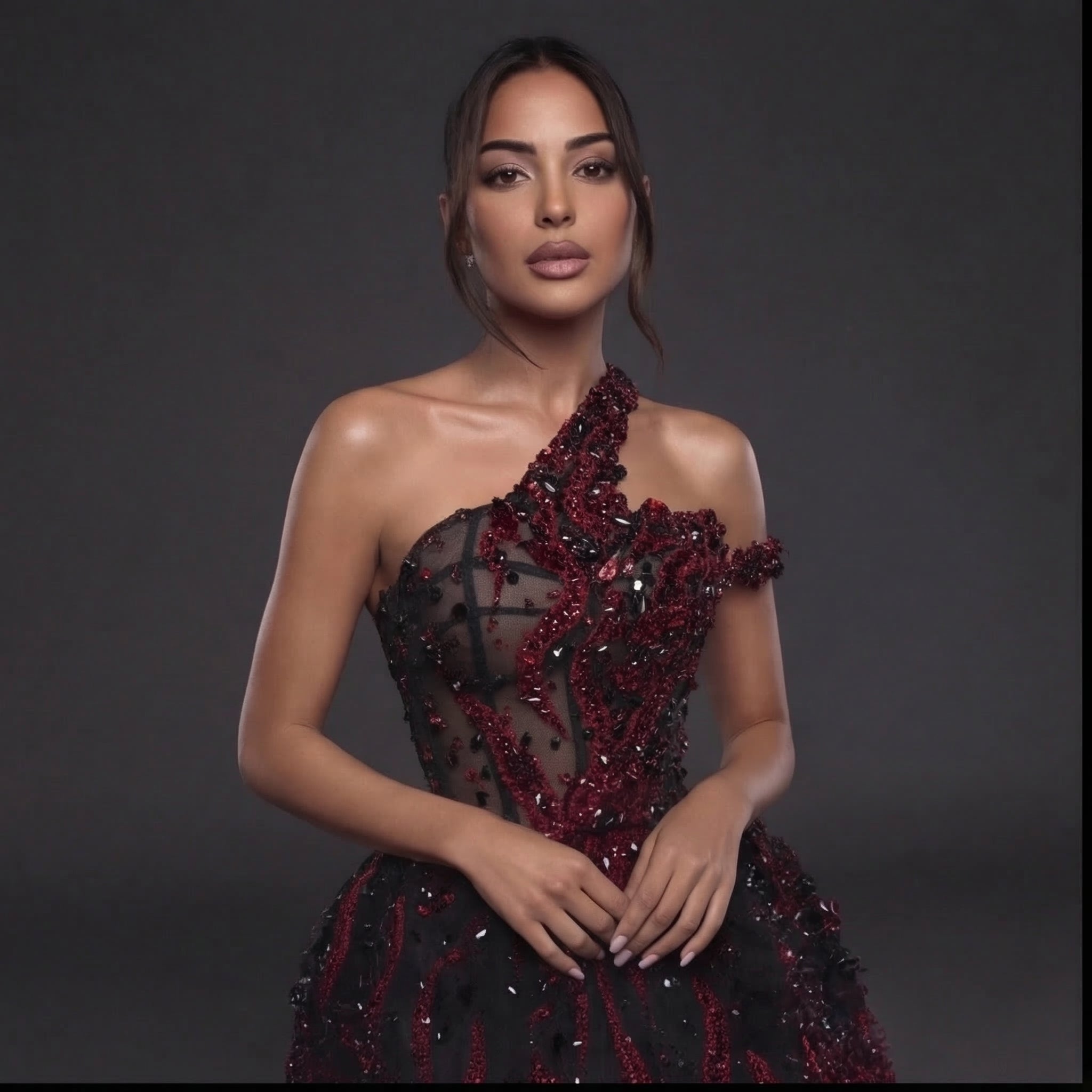 One-Shoulder Jeweled Flame Mini Dress – Sheer Corset Bodice with Black & Red Crystal Embellishment