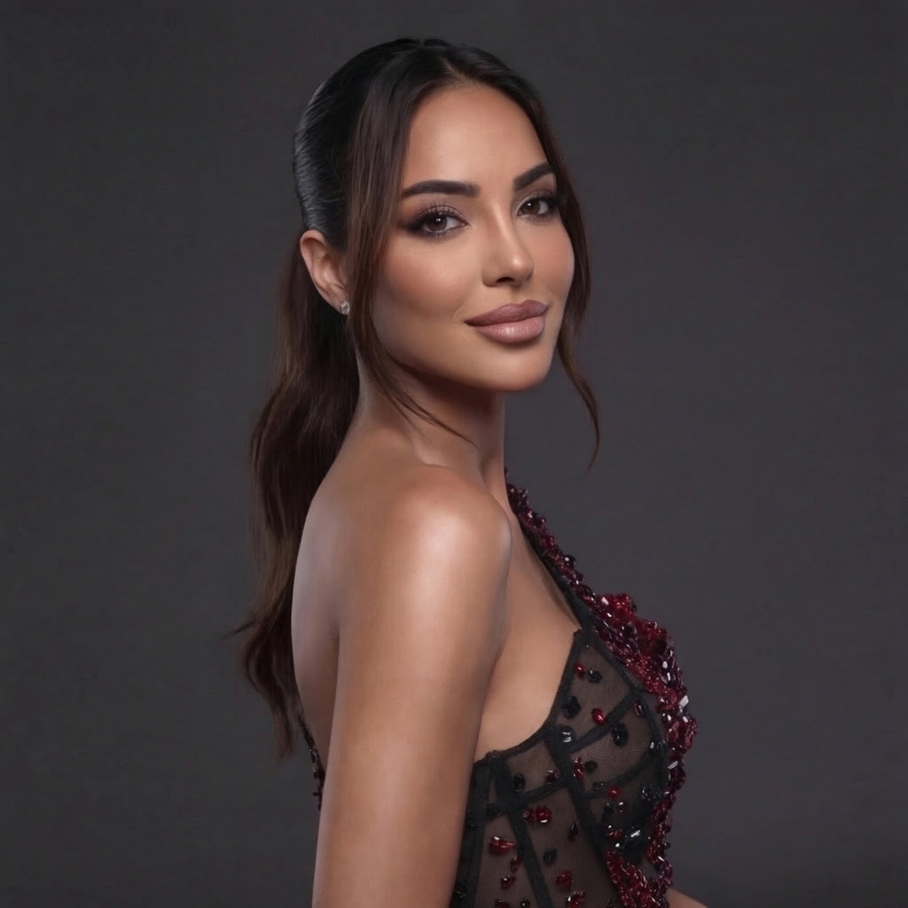 One-Shoulder Jeweled Flame Mini Dress – Sheer Corset Bodice with Black & Red Crystal Embellishment