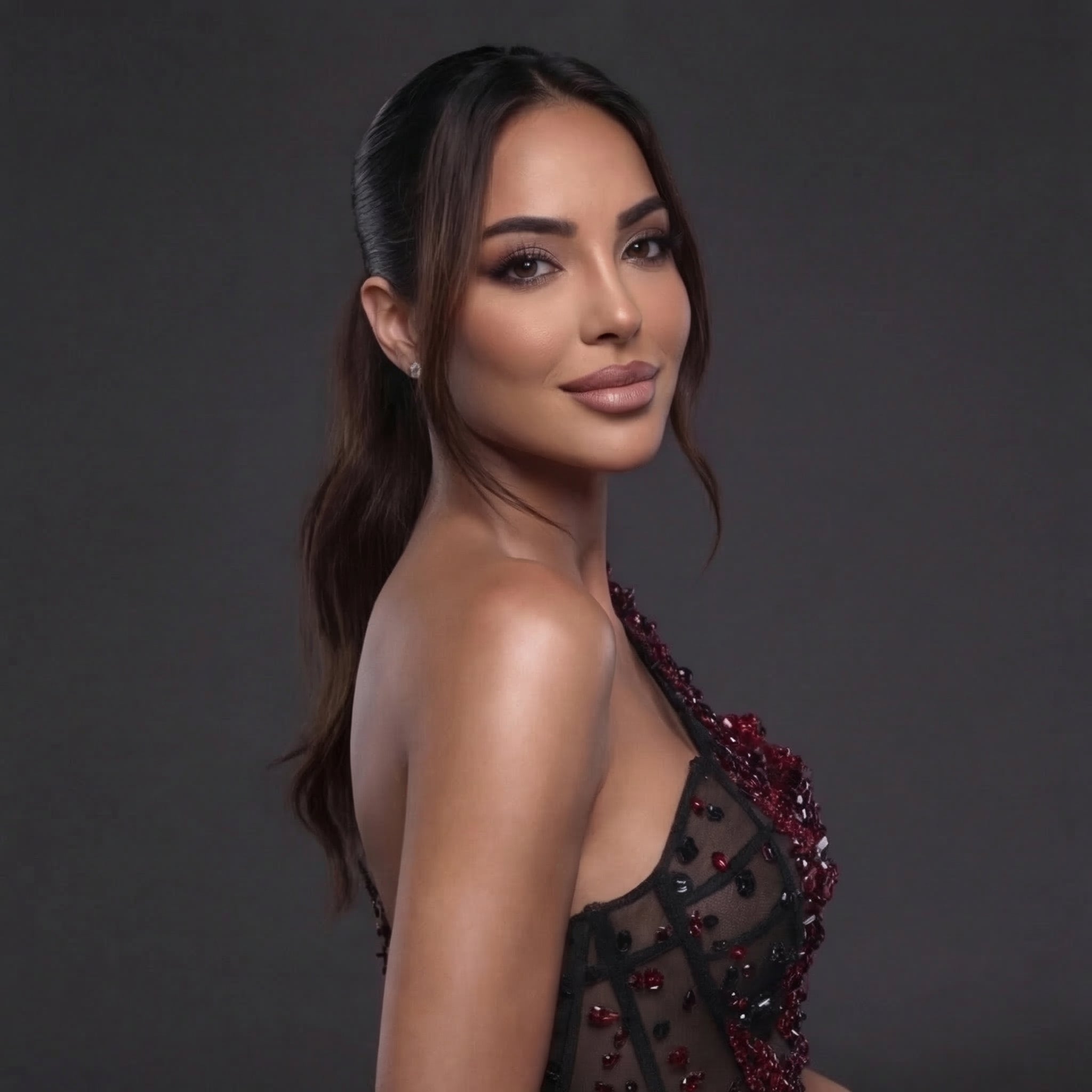 One-Shoulder Jeweled Flame Mini Dress – Sheer Corset Bodice with Black & Red Crystal Embellishment
