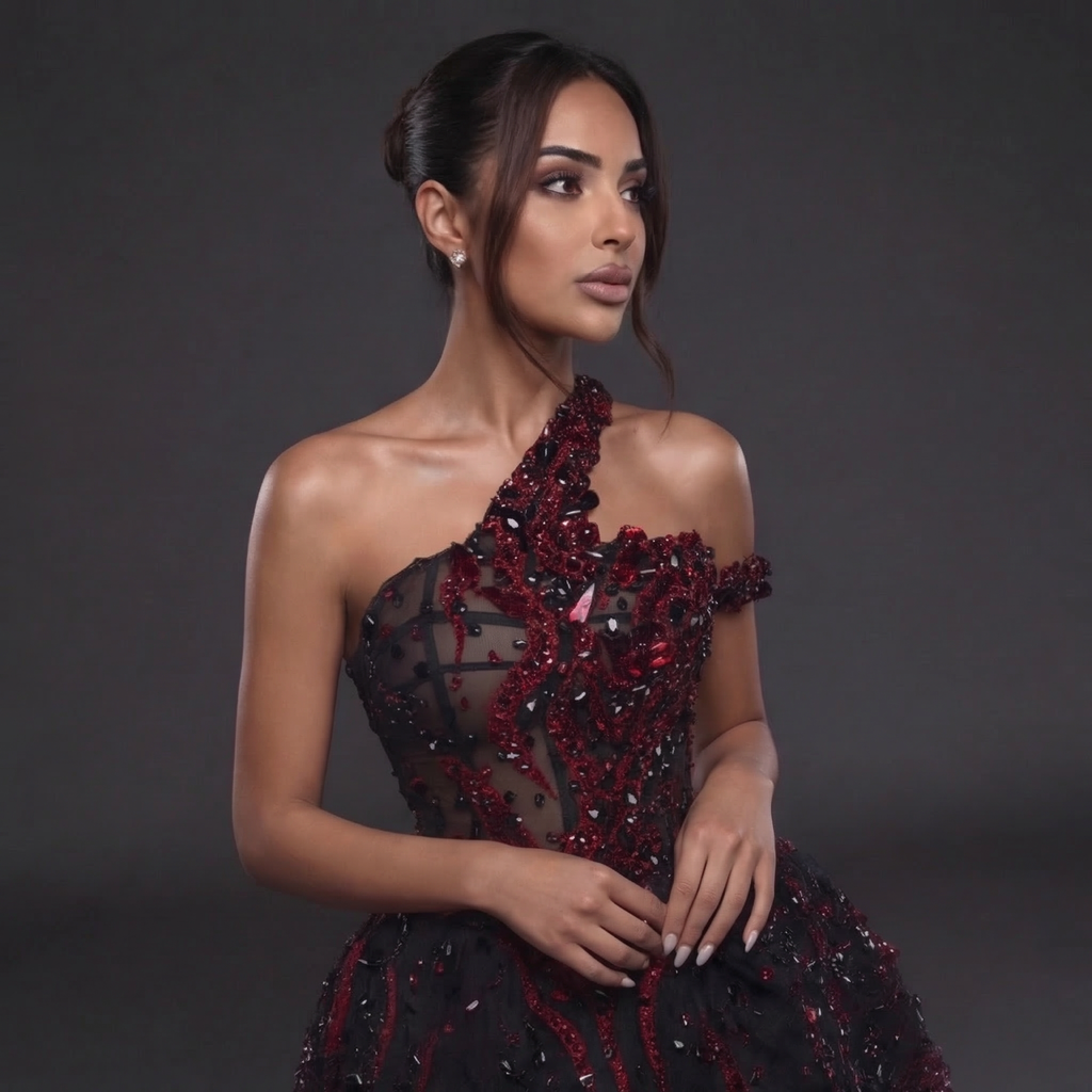 One-Shoulder Jeweled Flame Mini Dress – Sheer Corset Bodice with Black & Red Crystal Embellishment