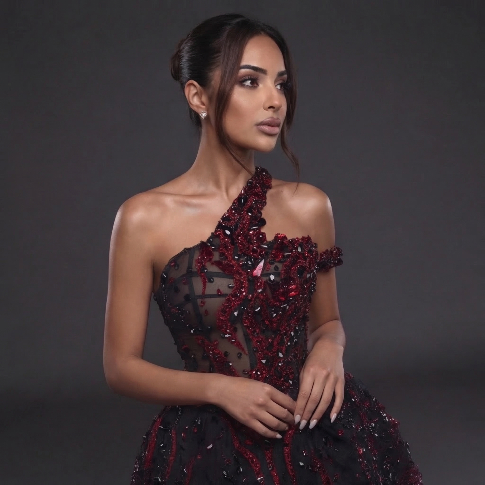 One-Shoulder Jeweled Flame Mini Dress – Sheer Corset Bodice with Black & Red Crystal Embellishment