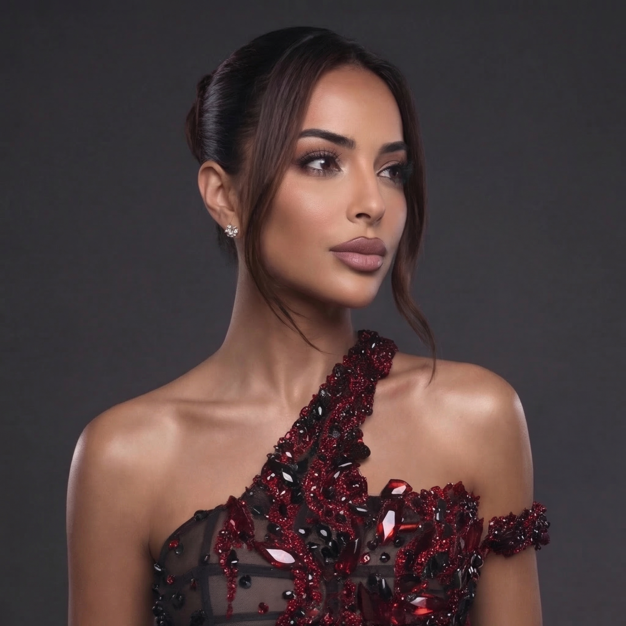 One-Shoulder Jeweled Flame Mini Dress – Sheer Corset Bodice with Black & Red Crystal Embellishment