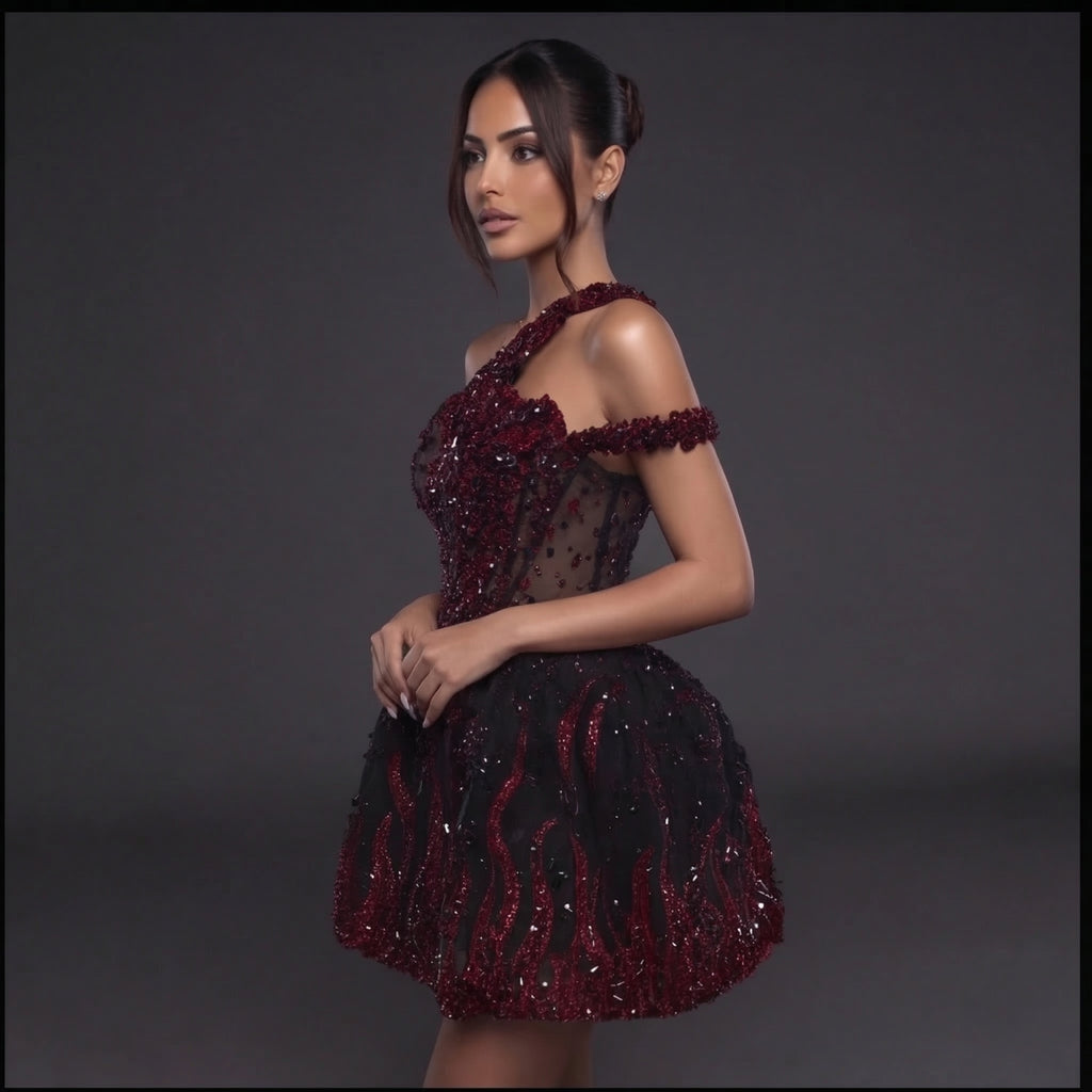 One-Shoulder Jeweled Flame Mini Dress – Sheer Corset Bodice with Black & Red Crystal Embellishment