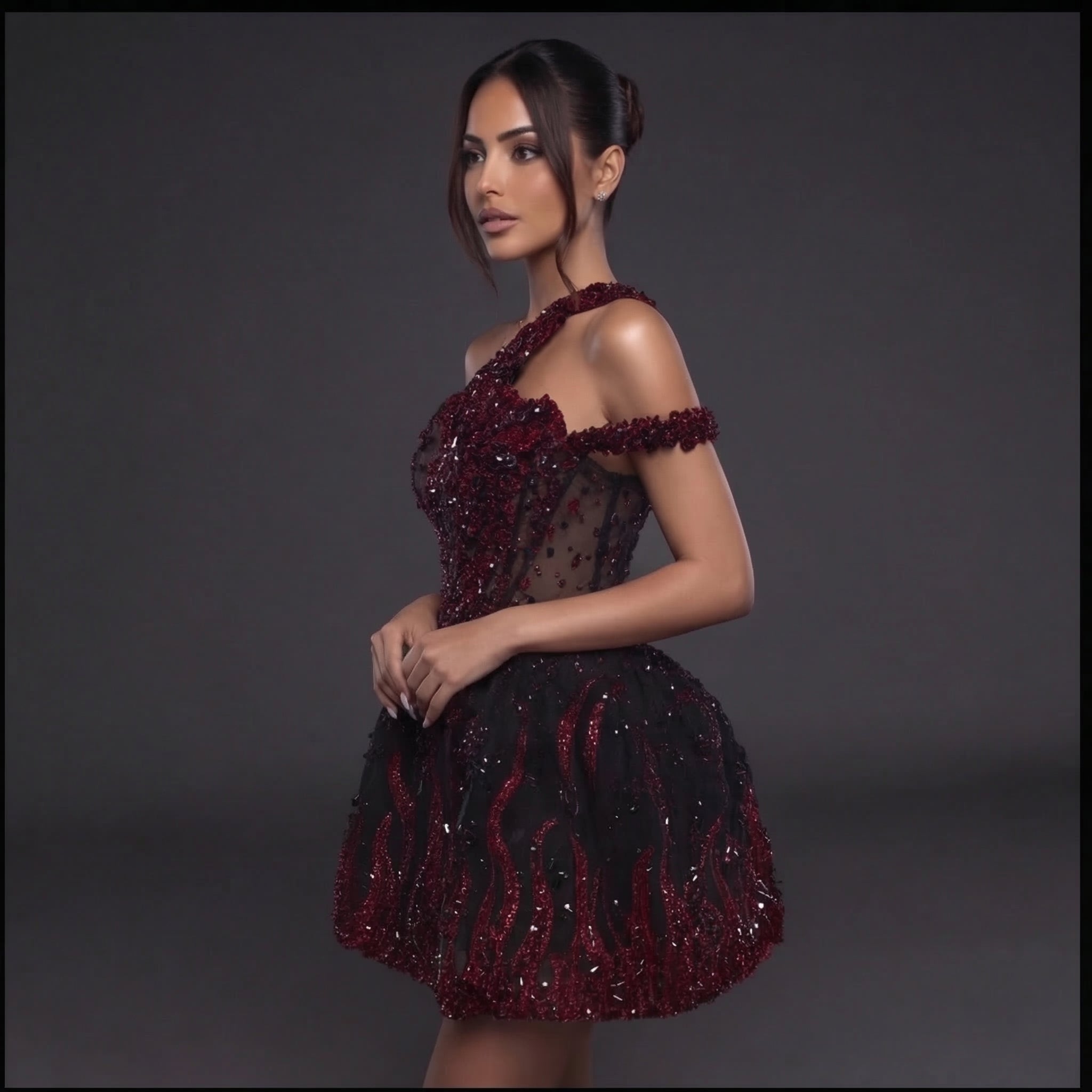 One-Shoulder Jeweled Flame Mini Dress – Sheer Corset Bodice with Black & Red Crystal Embellishment