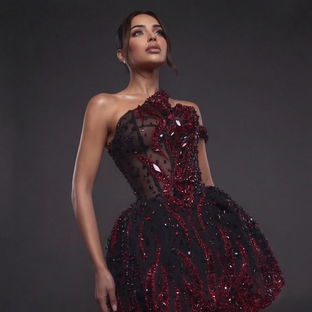 One-Shoulder Jeweled Flame Mini Dress – Sheer Corset Bodice with Black & Red Crystal Embellishment