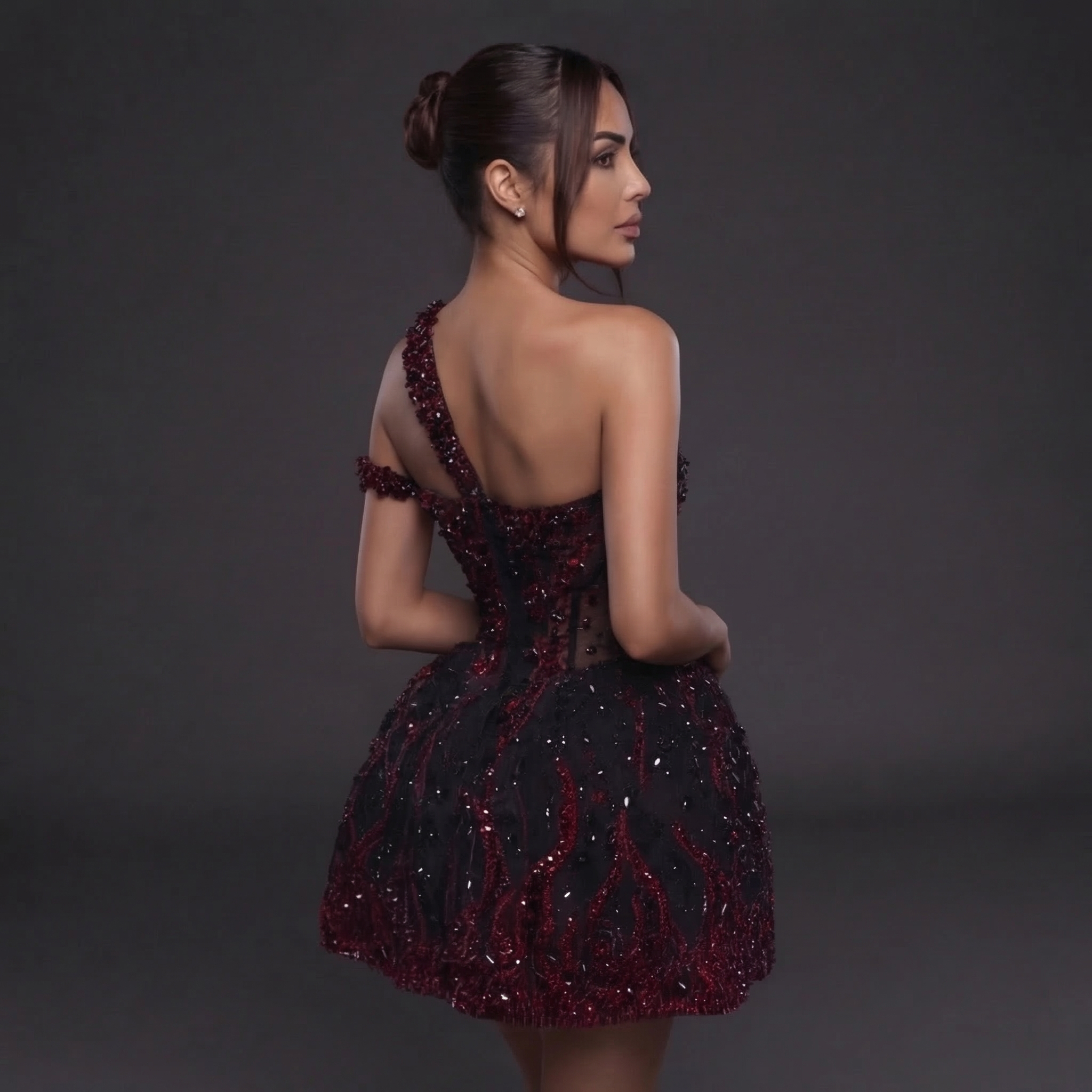 One-Shoulder Jeweled Flame Mini Dress – Sheer Corset Bodice with Black & Red Crystal Embellishment