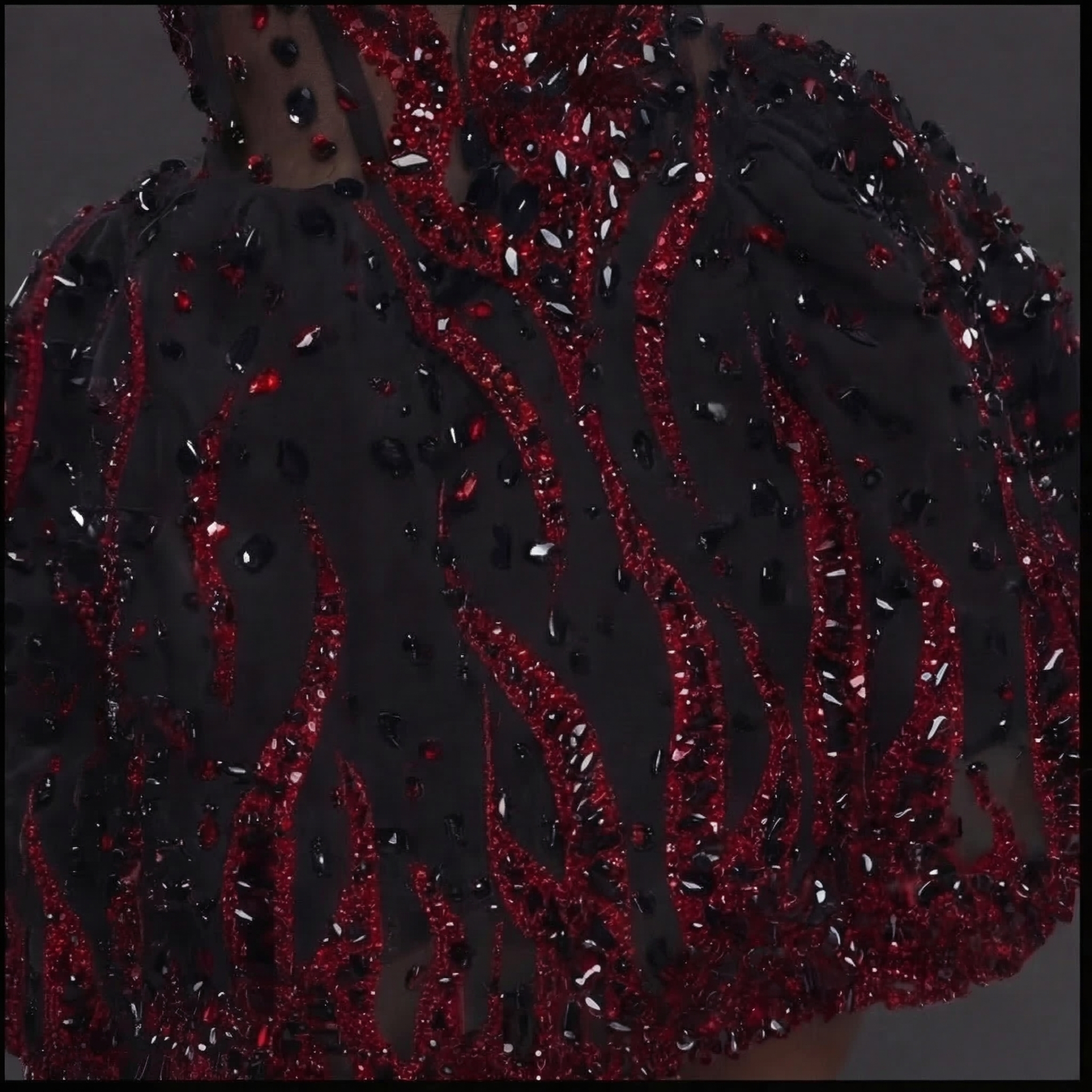 One-Shoulder Jeweled Flame Mini Dress – Sheer Corset Bodice with Black & Red Crystal Embellishment