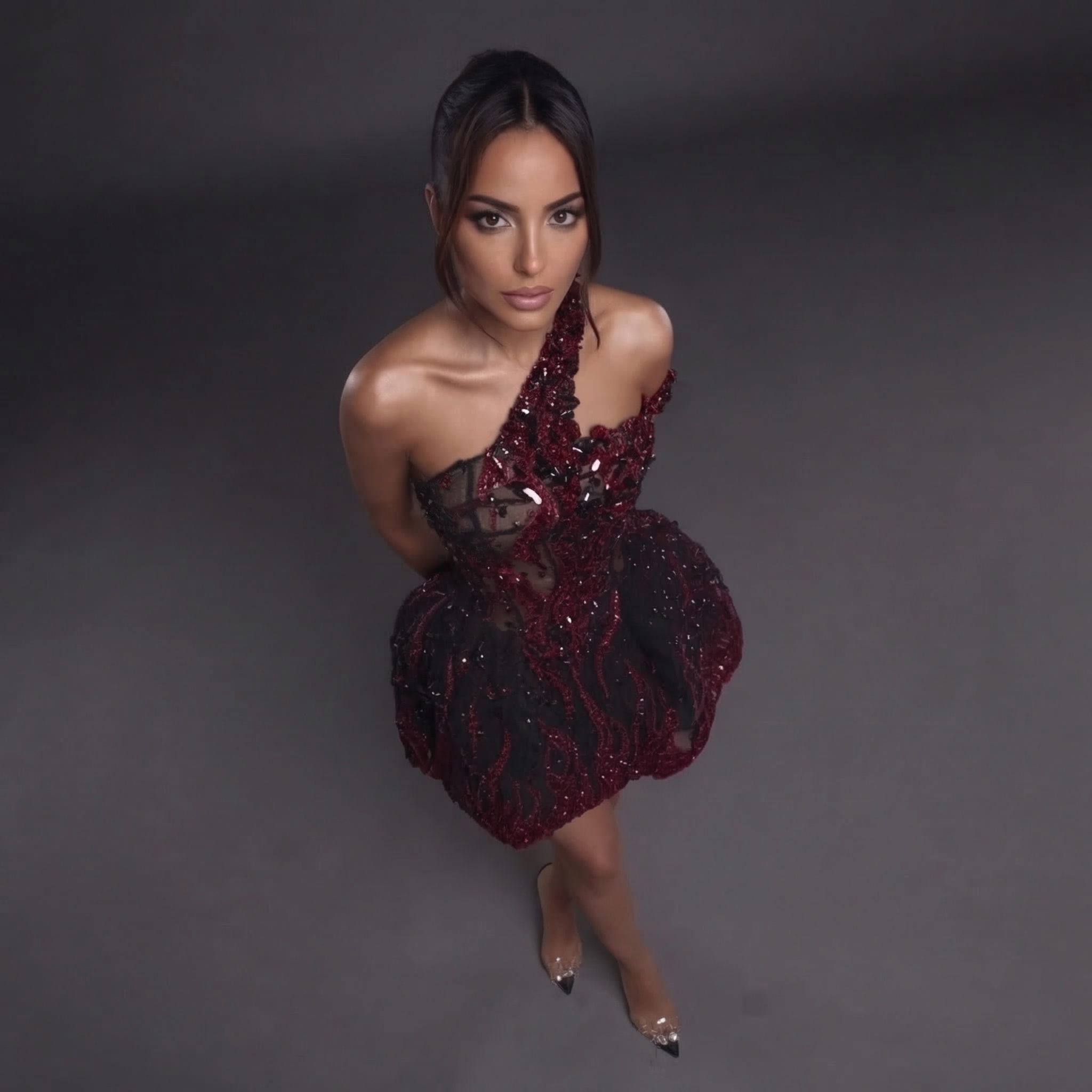 One-Shoulder Jeweled Flame Mini Dress – Sheer Corset Bodice with Black & Red Crystal Embellishment