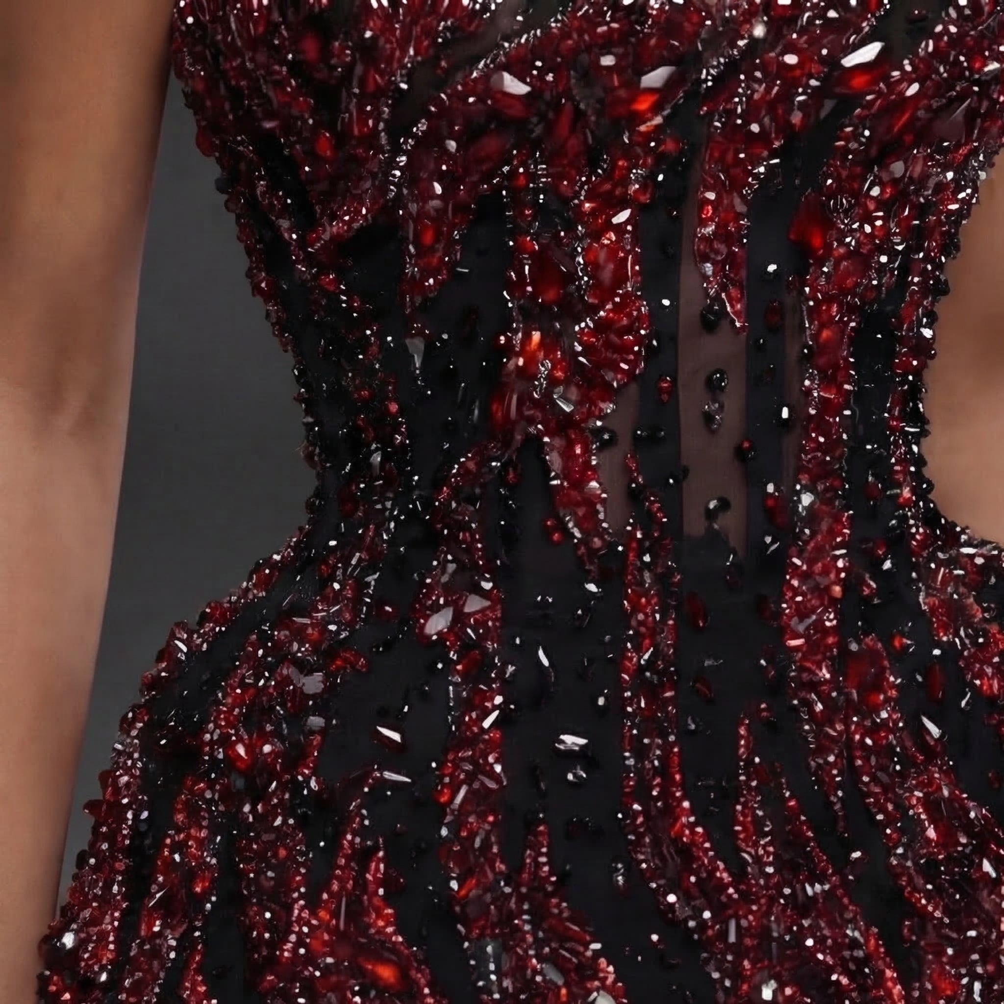 One-Shoulder Jeweled Fringe Mini Dress – Black & Red Crystal Flame Embellished Corset Dress