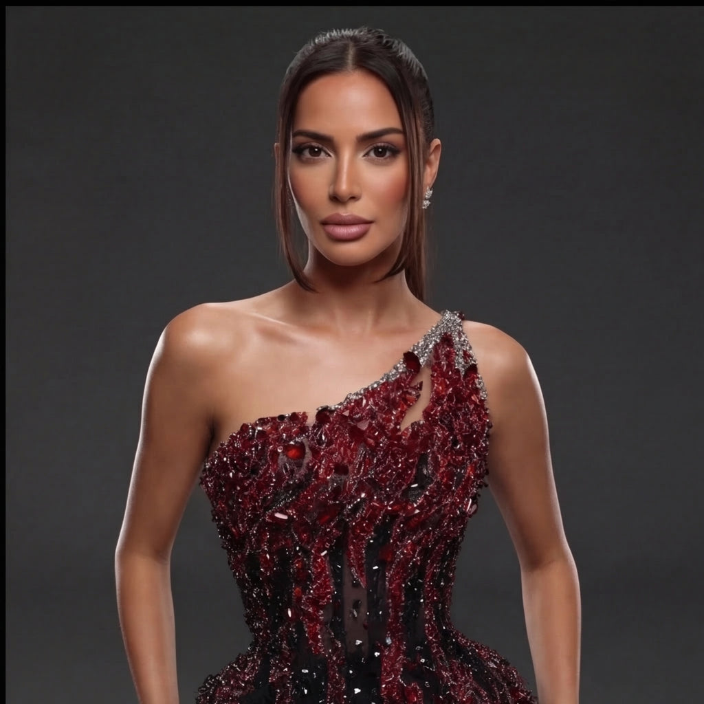 One-Shoulder Jeweled Fringe Mini Dress – Black & Red Crystal Flame Embellished Corset Dress