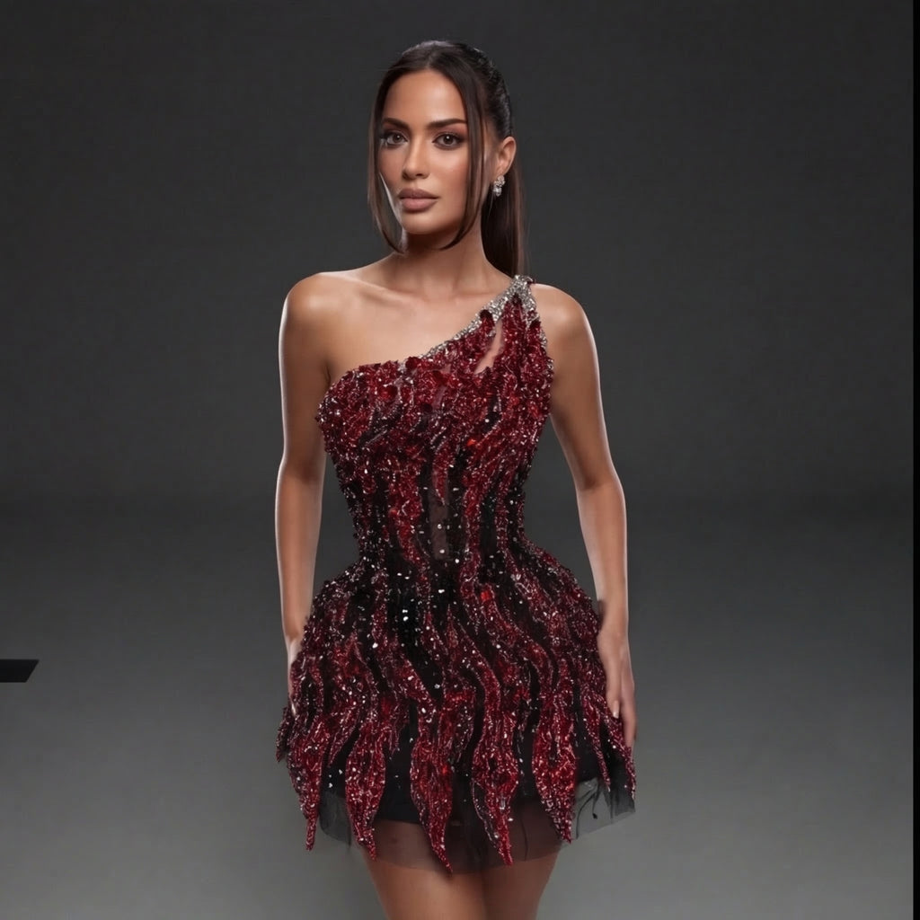 One-Shoulder Jeweled Fringe Mini Dress – Black & Red Crystal Flame Embellished Corset Dress