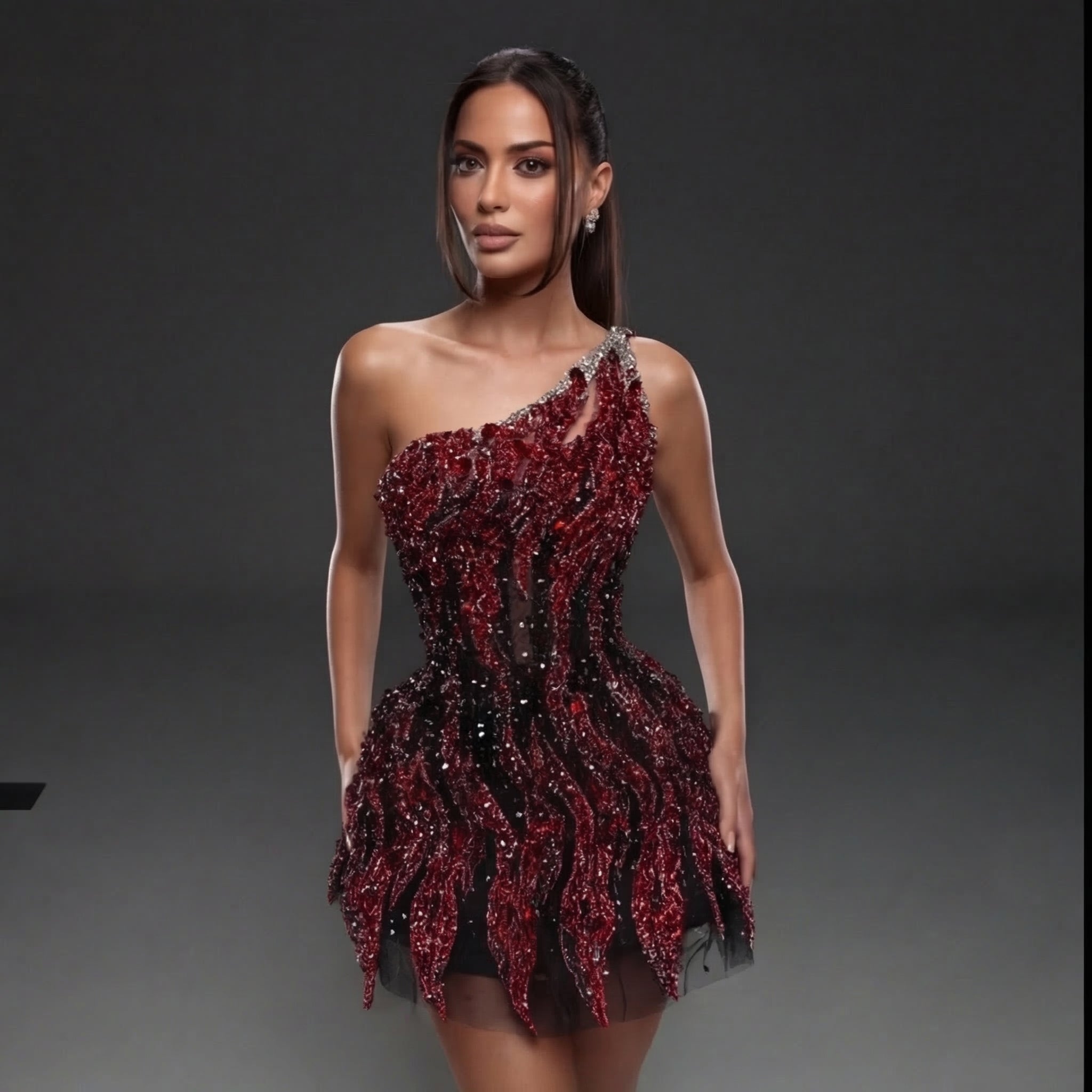 One-Shoulder Jeweled Fringe Mini Dress – Black & Red Crystal Flame Embellished Corset Dress