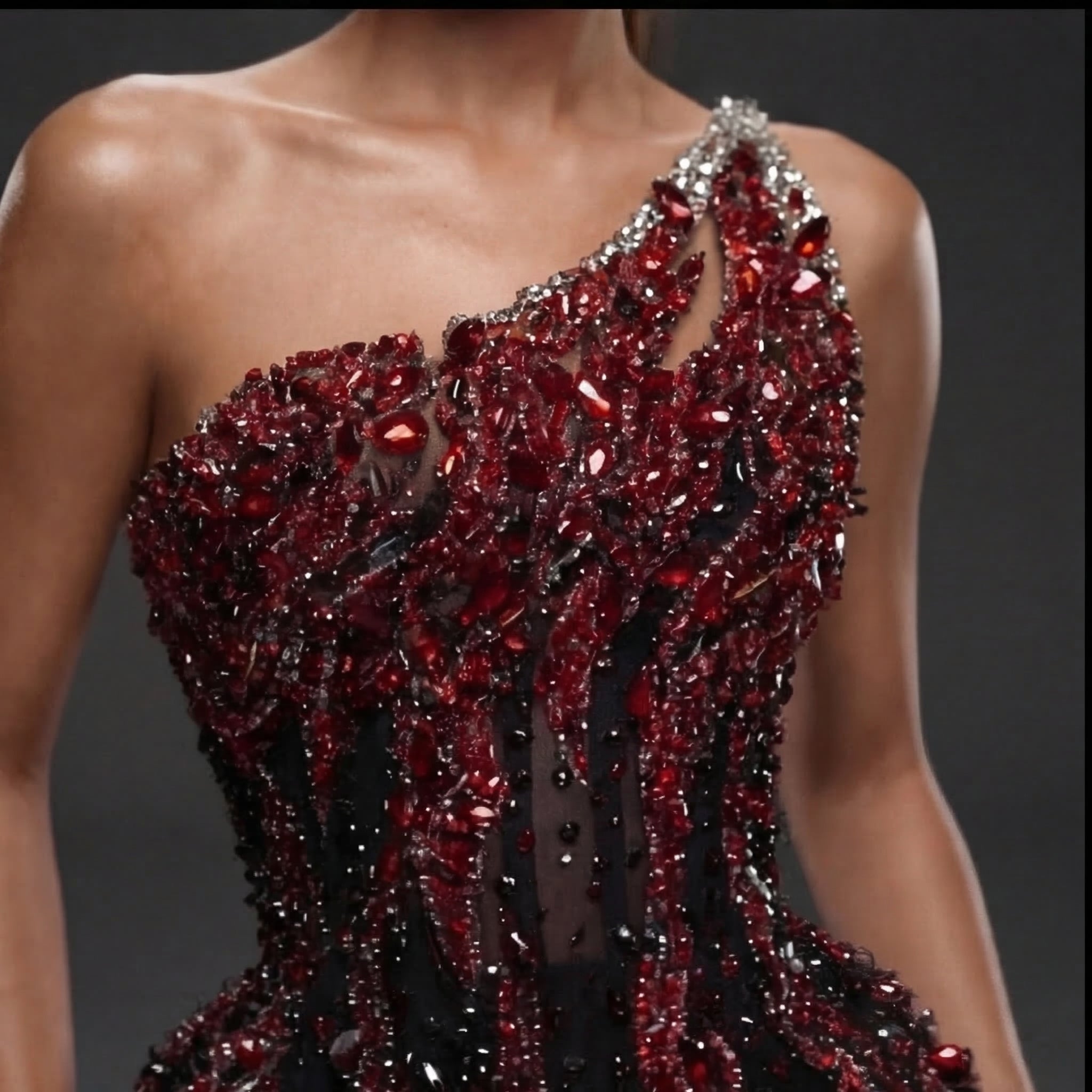 One-Shoulder Jeweled Fringe Mini Dress – Black & Red Crystal Flame Embellished Corset Dress