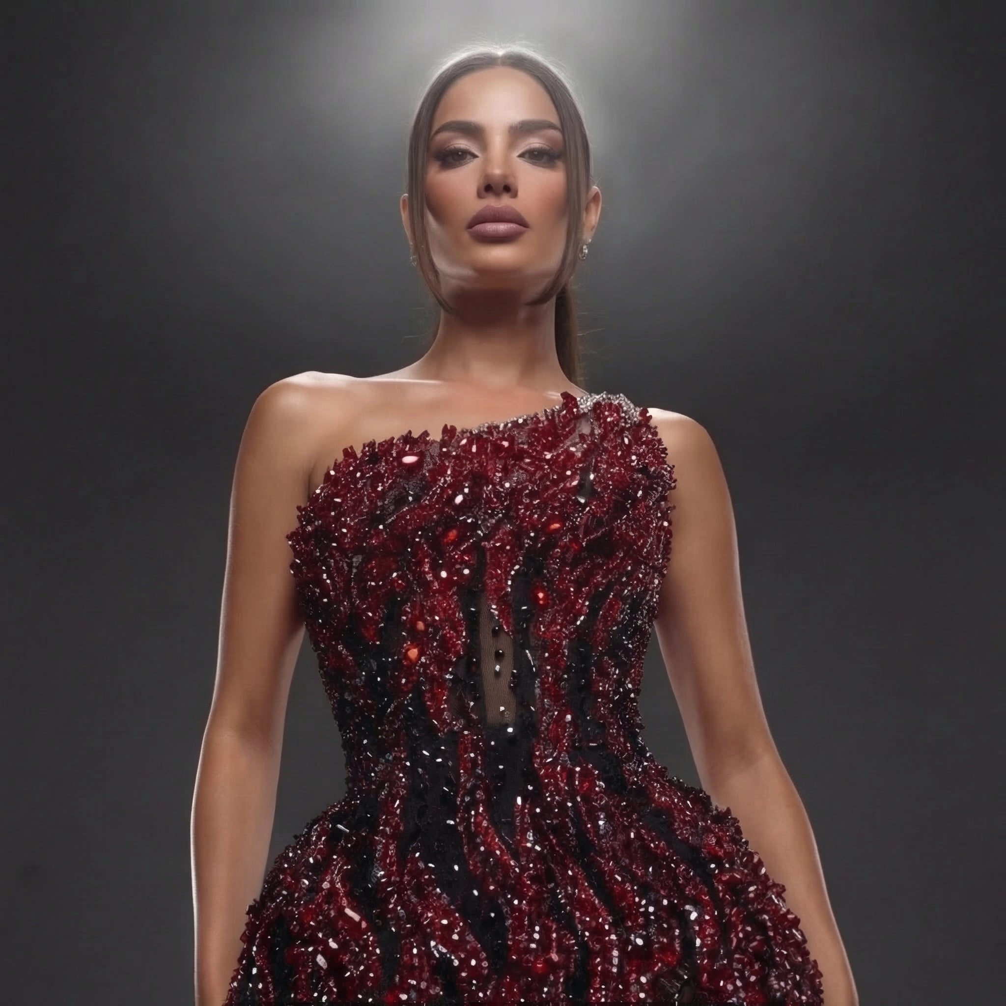 One-Shoulder Jeweled Fringe Mini Dress – Black & Red Crystal Flame Embellished Corset Dress