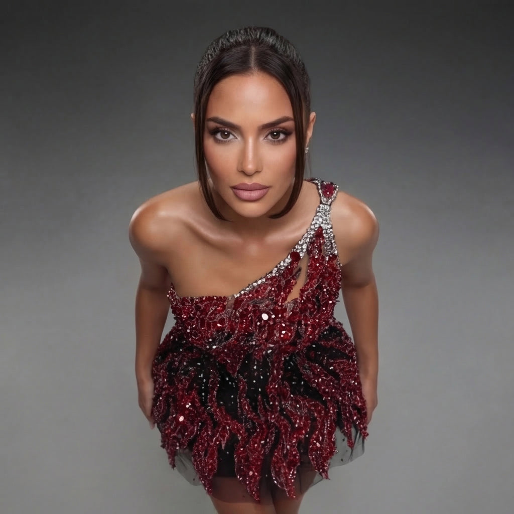 One-Shoulder Jeweled Fringe Mini Dress – Black & Red Crystal Flame Embellished Corset Dress
