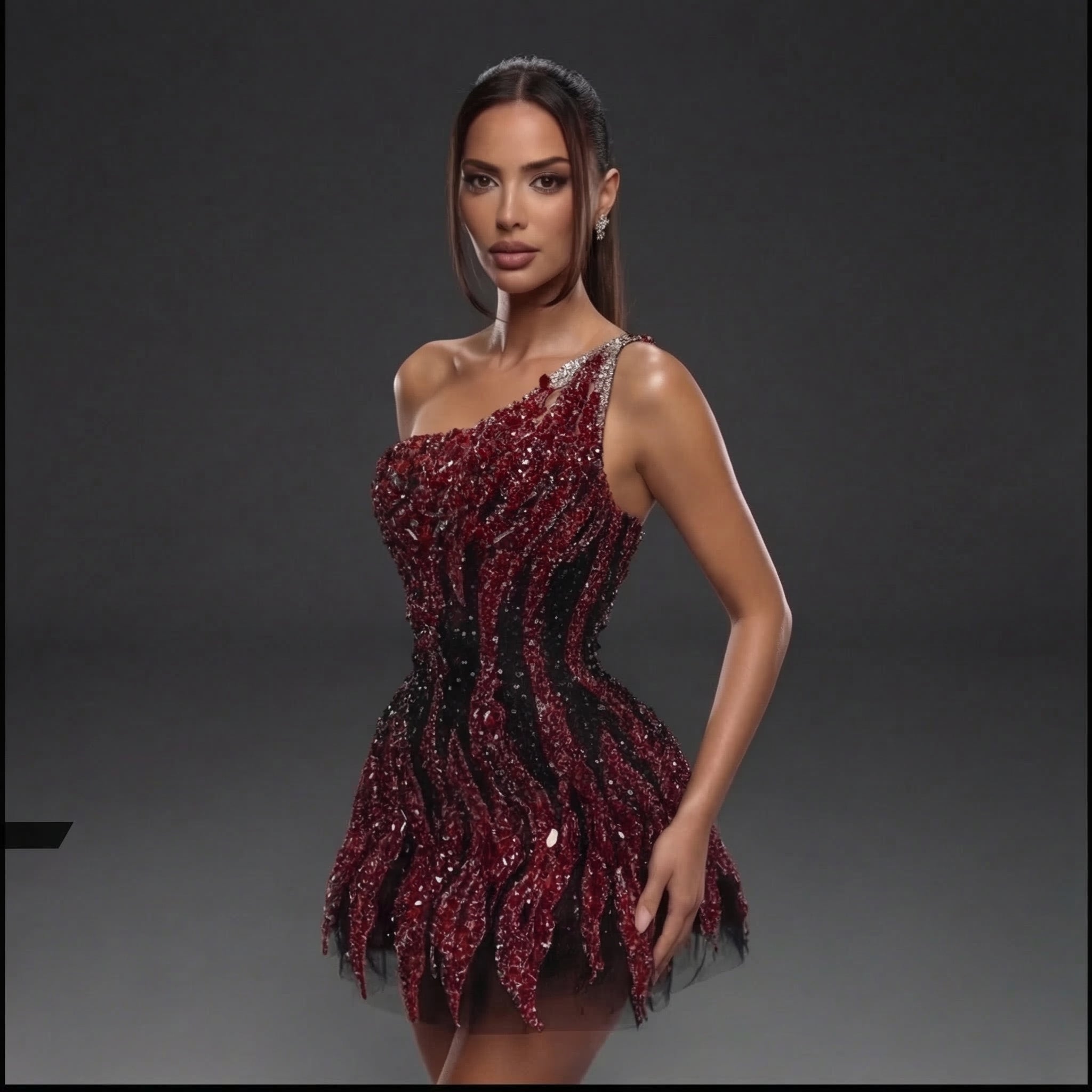One-Shoulder Jeweled Fringe Mini Dress – Black & Red Crystal Flame Embellished Corset Dress